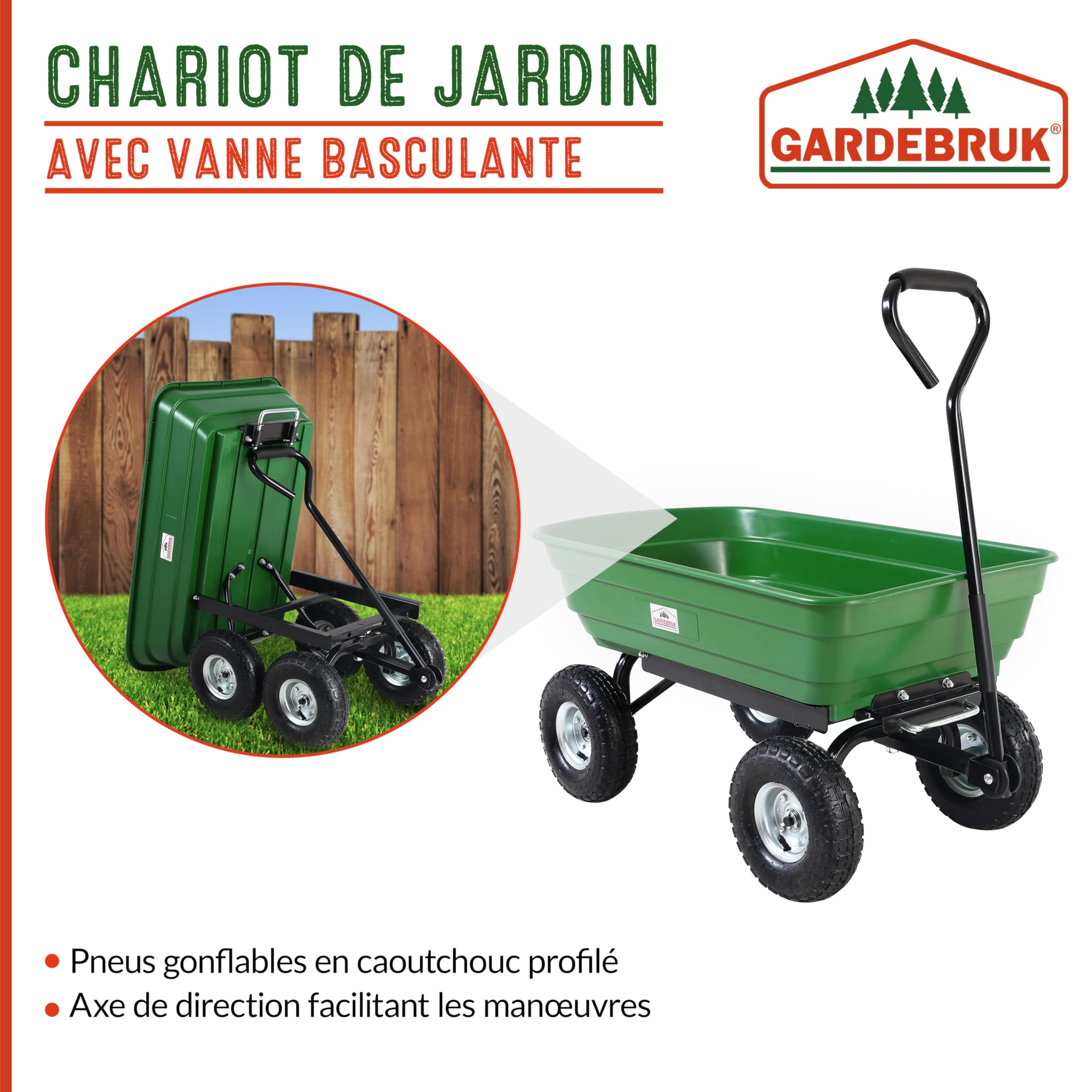 GARDEBRUK® Chariot de Jardin Benne basculante 300kg 4 pneus gonflables Tout Terrain axe Direction 75L Chariot de Transport Chariot à Main