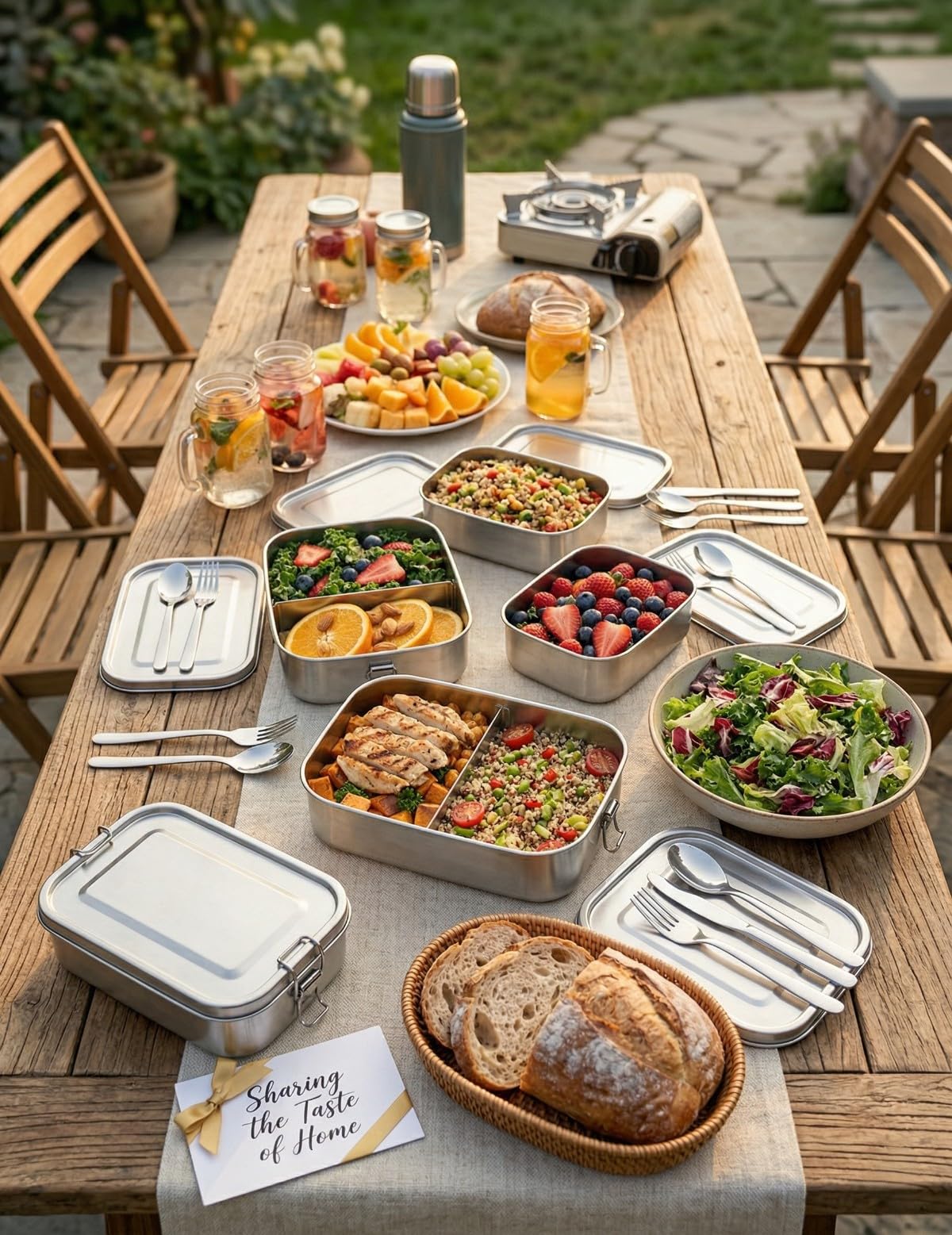 Zestaw 4 pudełek śniadaniowych ze stali nierdzewnej (1400/850/2 x 550 ml) + 8-częściowy zestaw sztućców, szczelne, pudełko na lunch ze stali nierdzewnej, pojemnik na żywność ze stali