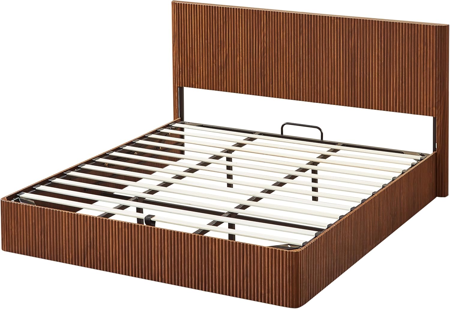 Bellemave King Lift Up Storage Bed, Walnut Wood Lift Up Bedframe King, Wooden Corrugated Curved Lines, Hydraulic Storage,Walnut