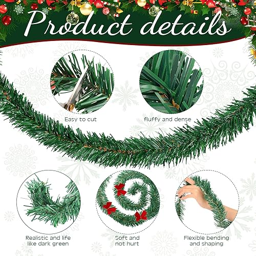 Miniatura 3 de Paquete de 10 guirnaldas de Navidad de 196.9 pies, decoración navideña al aire libre, incluye guirnalda de pino artificial, lazos de Navidad,