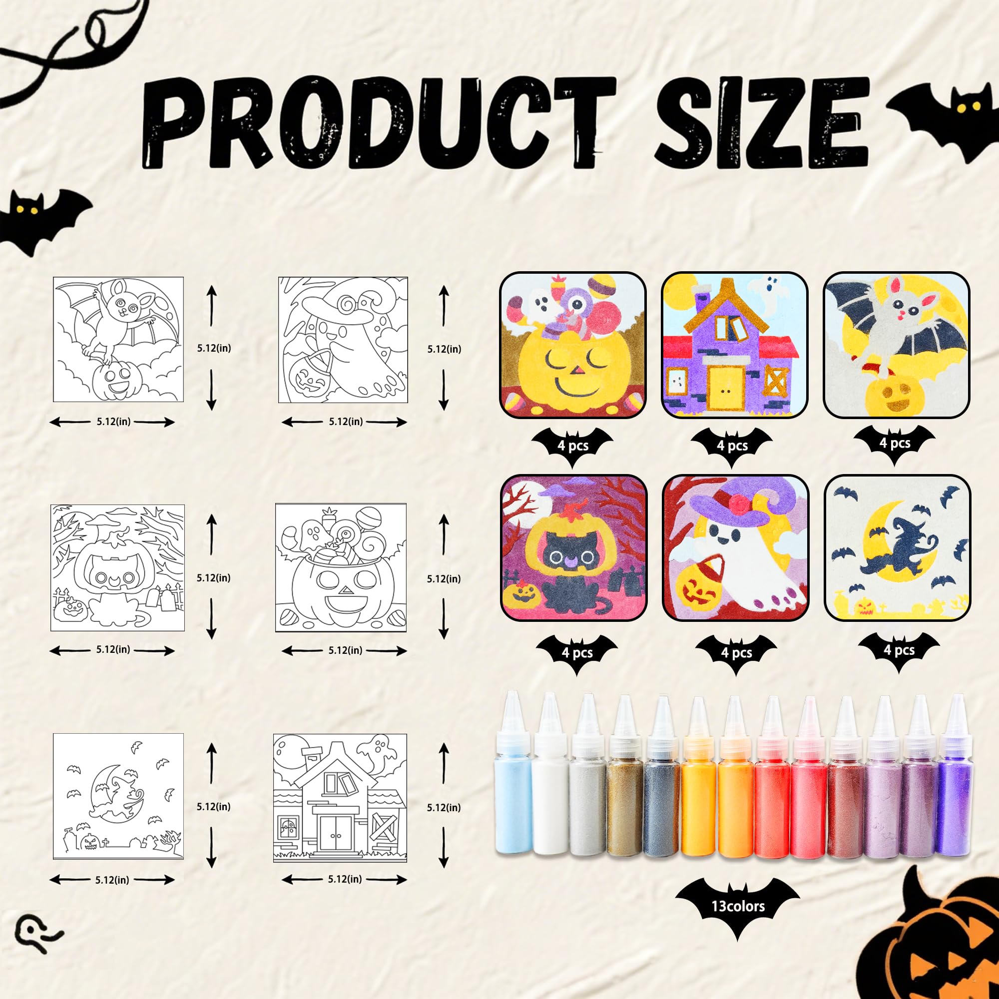 Condition photo showing New/Like New for MLOLM 24 Sets Halloween Sand Art Kit, DIY Painting Craft,Pumpkin Ghost Haunted House Witch Cat Bat Sand Painting with Colored Art Sand, Creative Halloween Theme Party Activity
