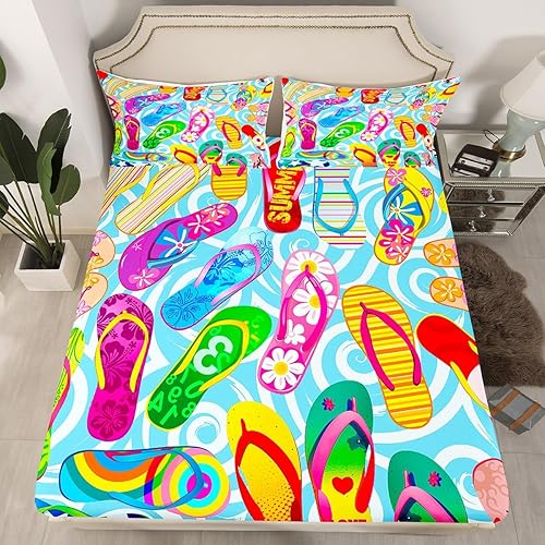 Miniatura 3 de Coloridas chanclas bajeras tamaño matrimonial, juego de ropa de cama de vacaciones de playa oceánica de 3 piezas para decoración de habitación de