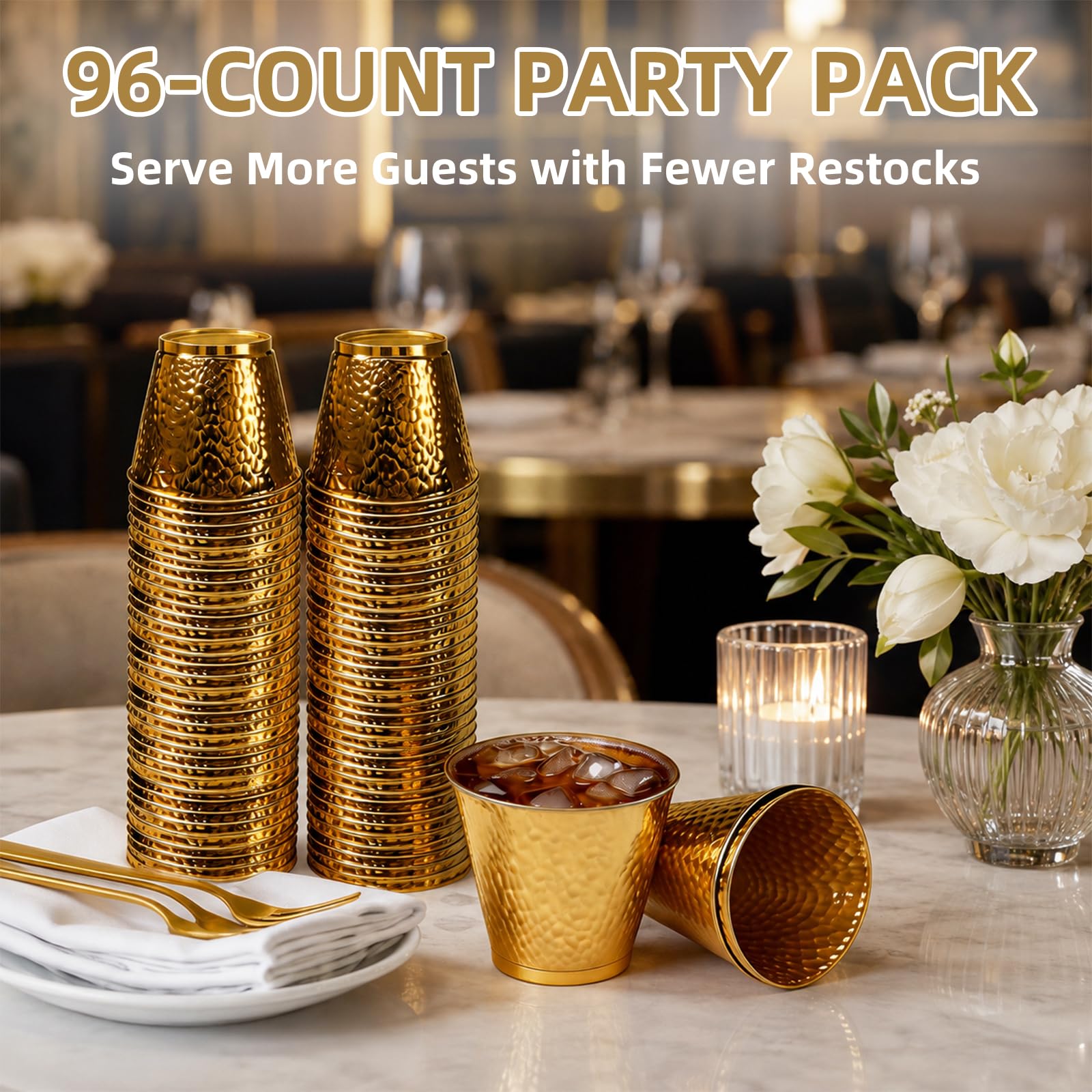 96-Pack Gold Hammered Plastic Party Cups 9oz, BPA-Free Leakproof Disposable Cups, Premium Elegant Drinkware for Weddings Birthdays Holidays Gatherings — Amazon image 5