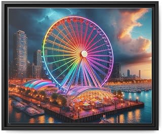 Premium Pinewood Frame Framed Canvas Wall Art - The Rainbow-Lit Ferris Wheel at Navy Pier in Chicago