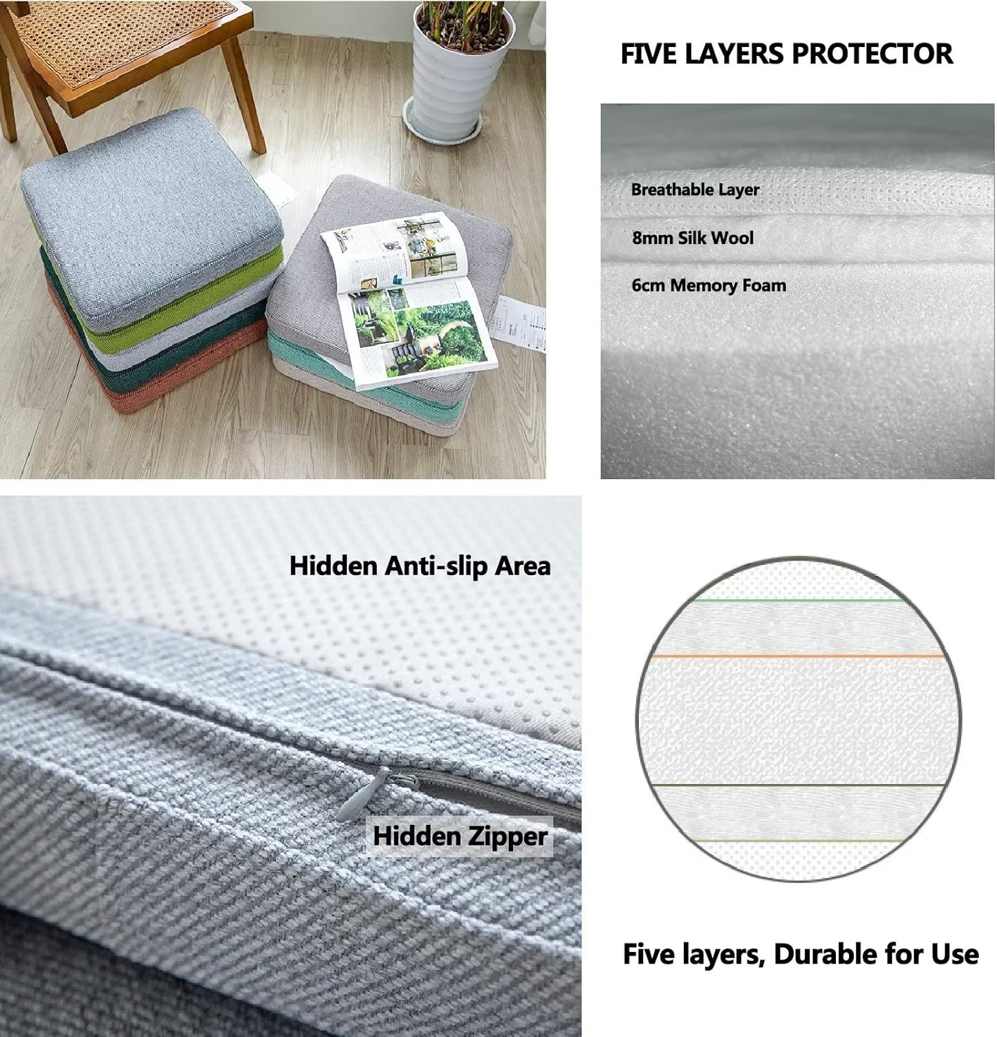 Set of 2 Chair Cushion Seat Pads Dining Chair, Seat Cushions for Kitchen Chairs 2 Pack, Booster Cushion for Armchair Firm 40cm Square, Invisible Non Slip Area Chair Pads, with Zipper Beige