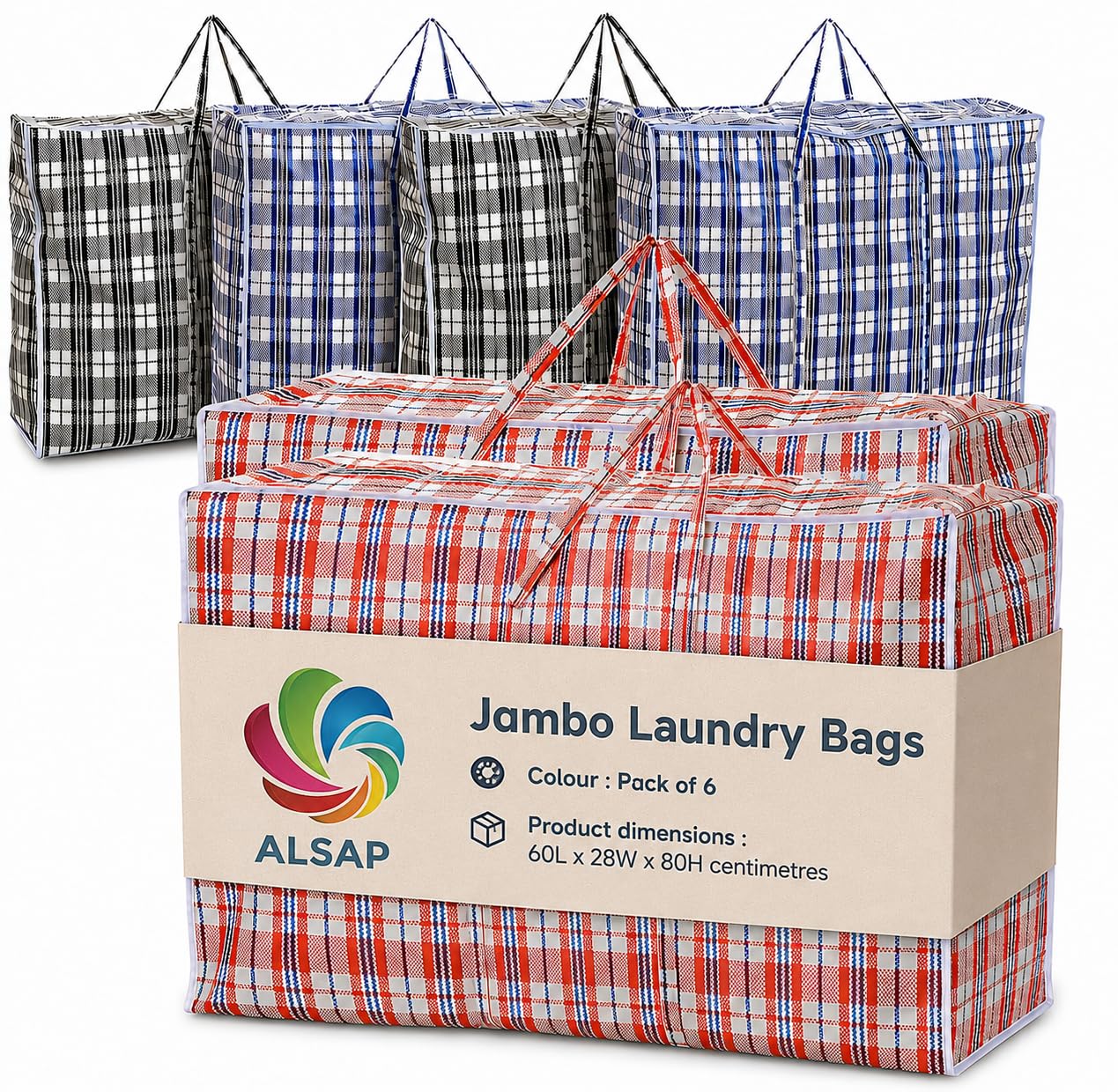 Laundry Bags 6 Pack Heavy Duty Resulable Storage Bags with Zipper & Reinforced Handles, Extra Large Moving & Storage Bags for Clothes, Bedding, Travel & Organization (Pack of 6)