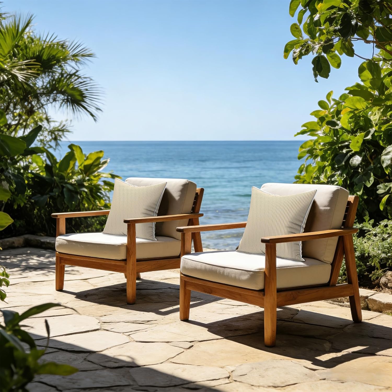 LVTXIII Outdoor/Indoor Pillow Covers, Patio Fade Resistant Throw Pillow Covers ONLY, Waterproof Farmhouse Accent Cushion Cases for Sofa Patio Couch Decoration 20"x20" Set of 2, Strip Beige