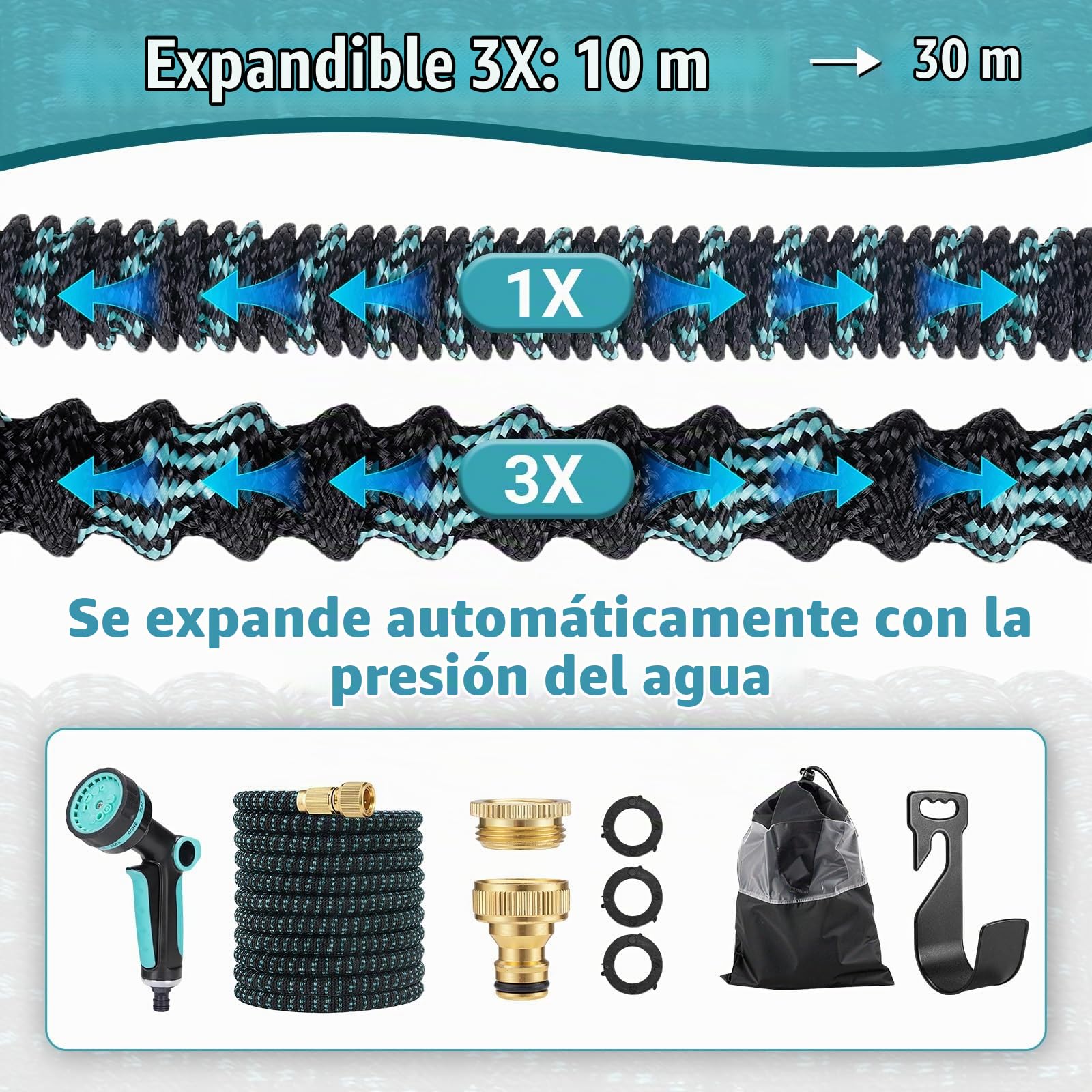 Manguera Jardin Extensible 30M, Mangeras Jardineria Flexible con Pistola de 10 Funciones, Conectores Metálicos 1/2" y 3/4", Garden Hose para Riego, Terraza y Lavado de Coche