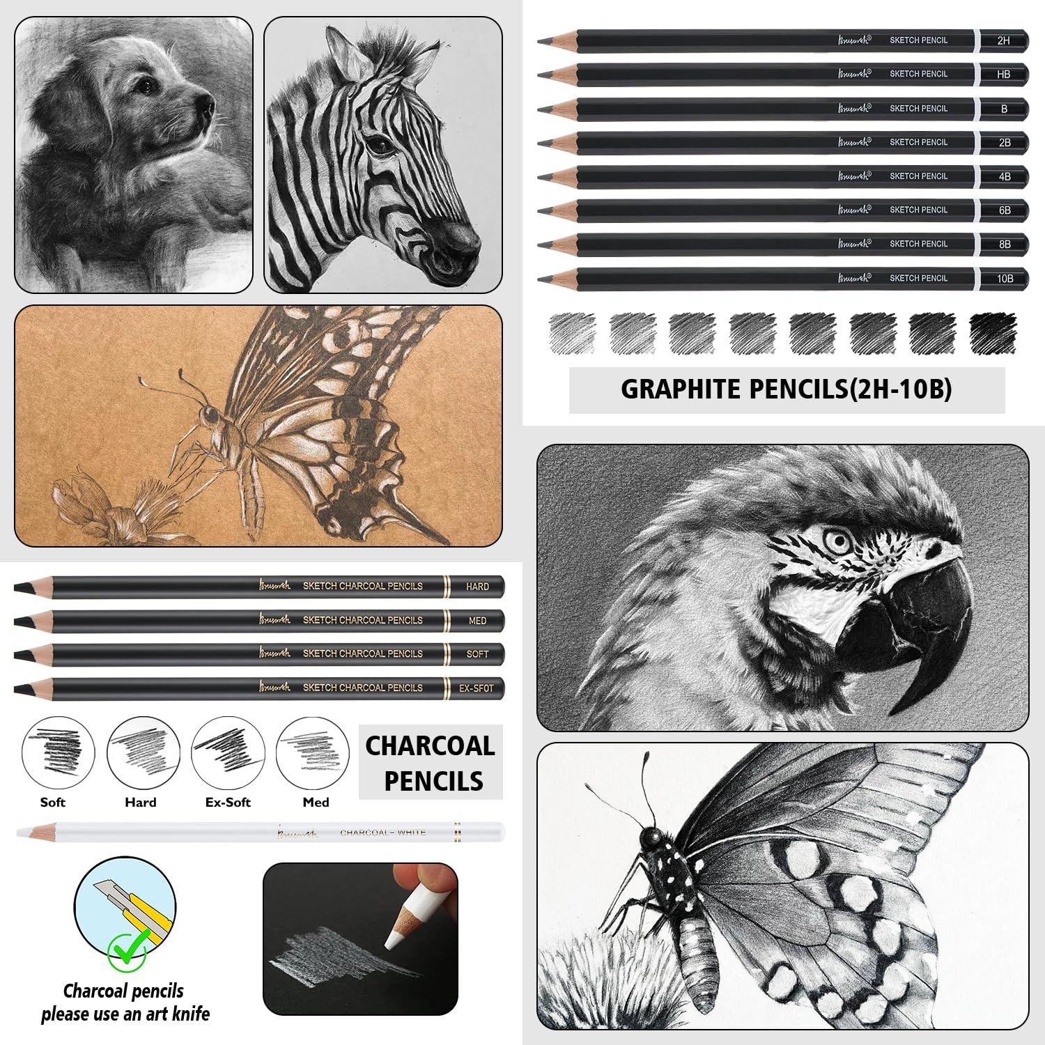 Brusarth Lápices de carbón para dibujar, juego de 26, lápices de dibujo profesional, suministros de arte para dibujar, sombrear, bocetos, mezclar, lápices de artista para principiantes y artistas