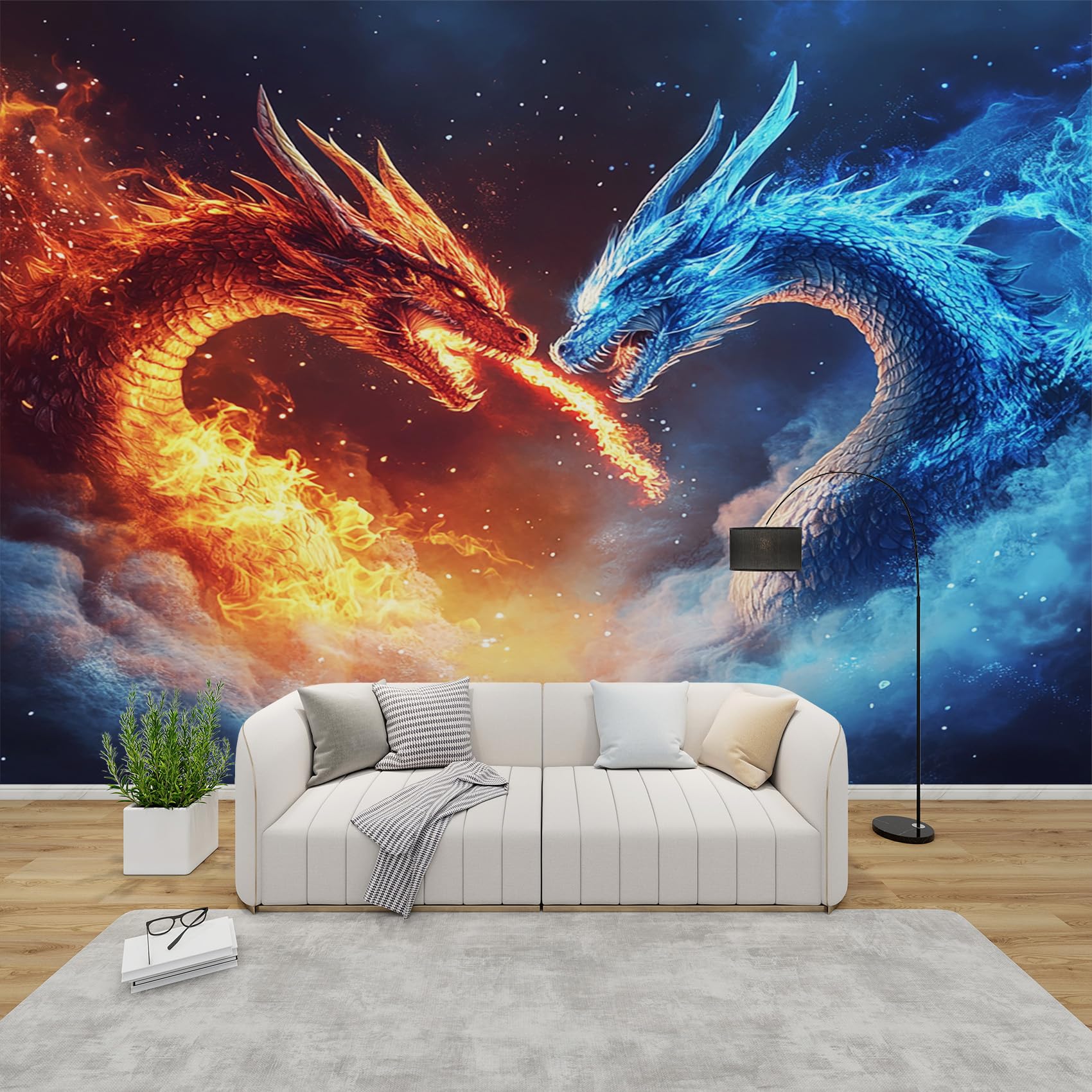 AevuCub Chinese Dragon Wallpaper for Living Room - Fire and Ice Wall Murals for Bedrooms, Fantasy Wall Art, Non-woven Photo Wallpaper 3D Effect, 100x70 cm