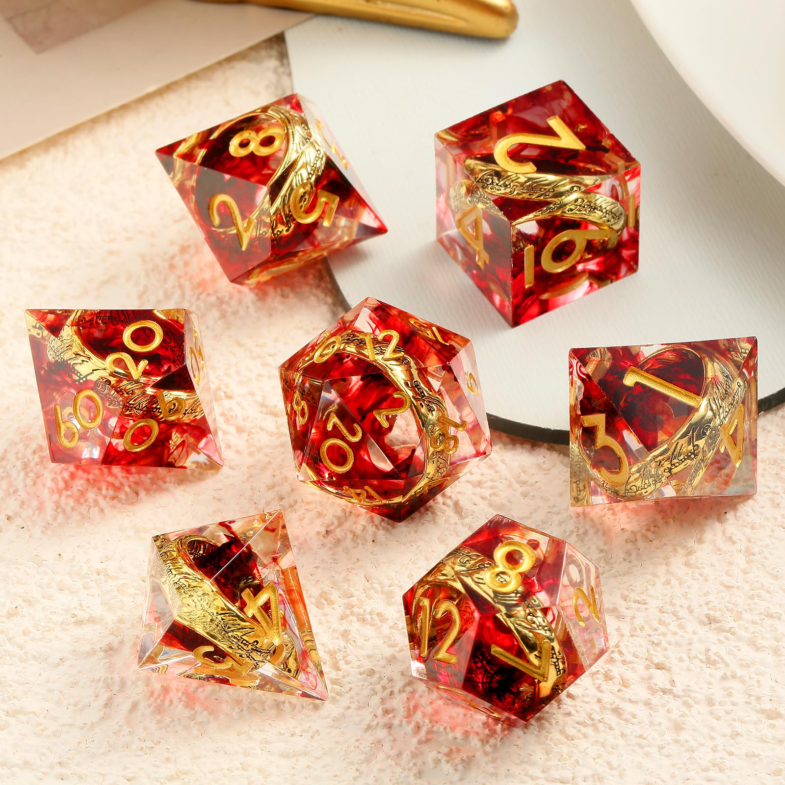 Ring DND Dice Set Sharp Edge DNDND 7-Piece Swirl Resin Blood Red Dice with Magic lord Ring Inside for Dungeons & Dragons -Dragon Box Gifts - Image 3