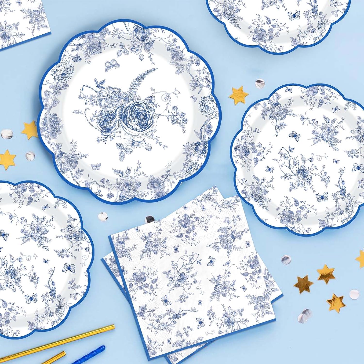 200Pcs Blue and White Floral Party Supplies Blue Floral Paper Plates and Napkins Disposable Vintage Flower Scalloped Tableware Set for Something blue Bridal Shower Decoration Wedding Tea Party Serve50