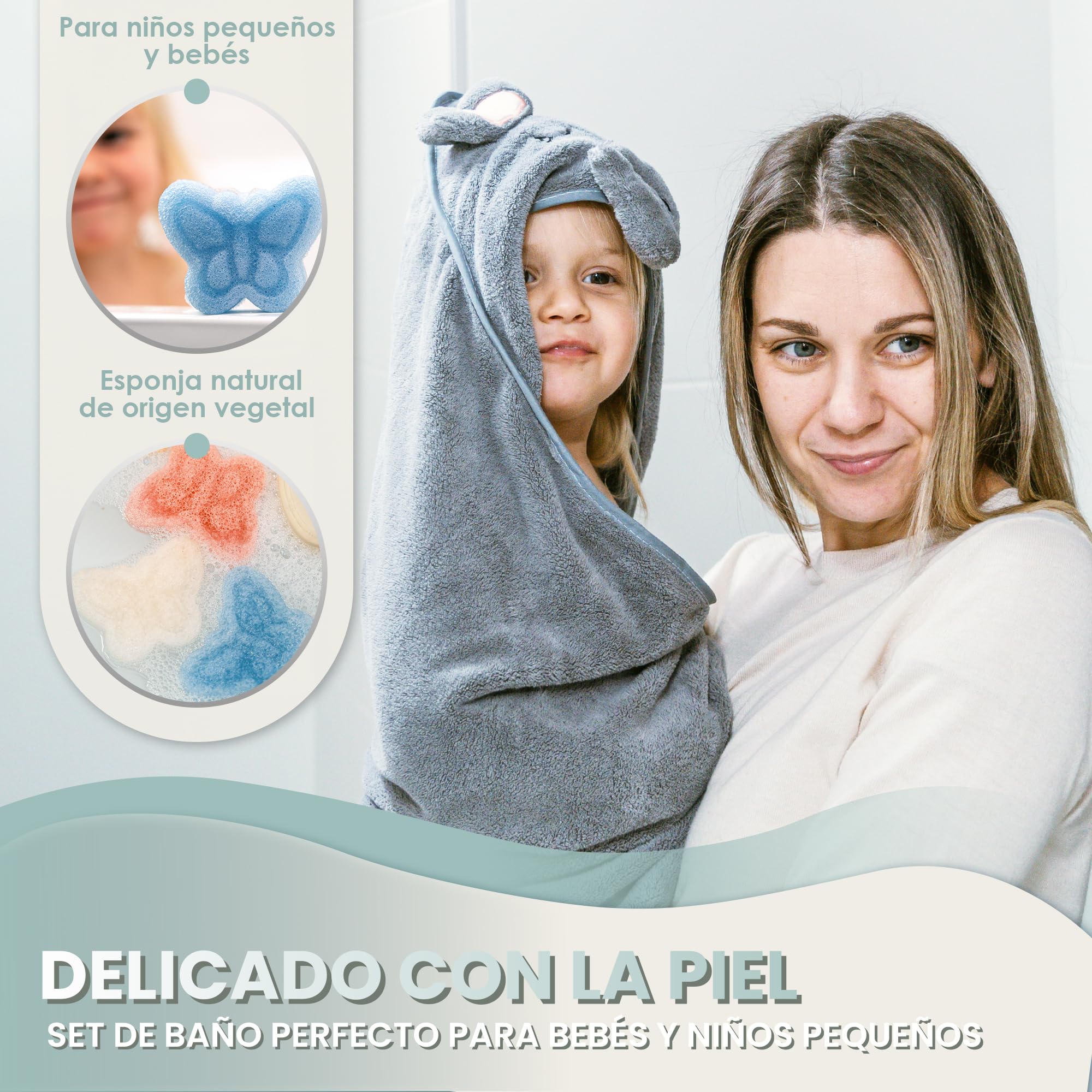 2 Unidades Toalla Bebe Recien Nacido + 1 Esponja Recien Nacido - Toallas con Capucha de Animales 0-3 años - Toalla baño - Esponja Natural - Accesorios Bebes (Blanco/Lila)