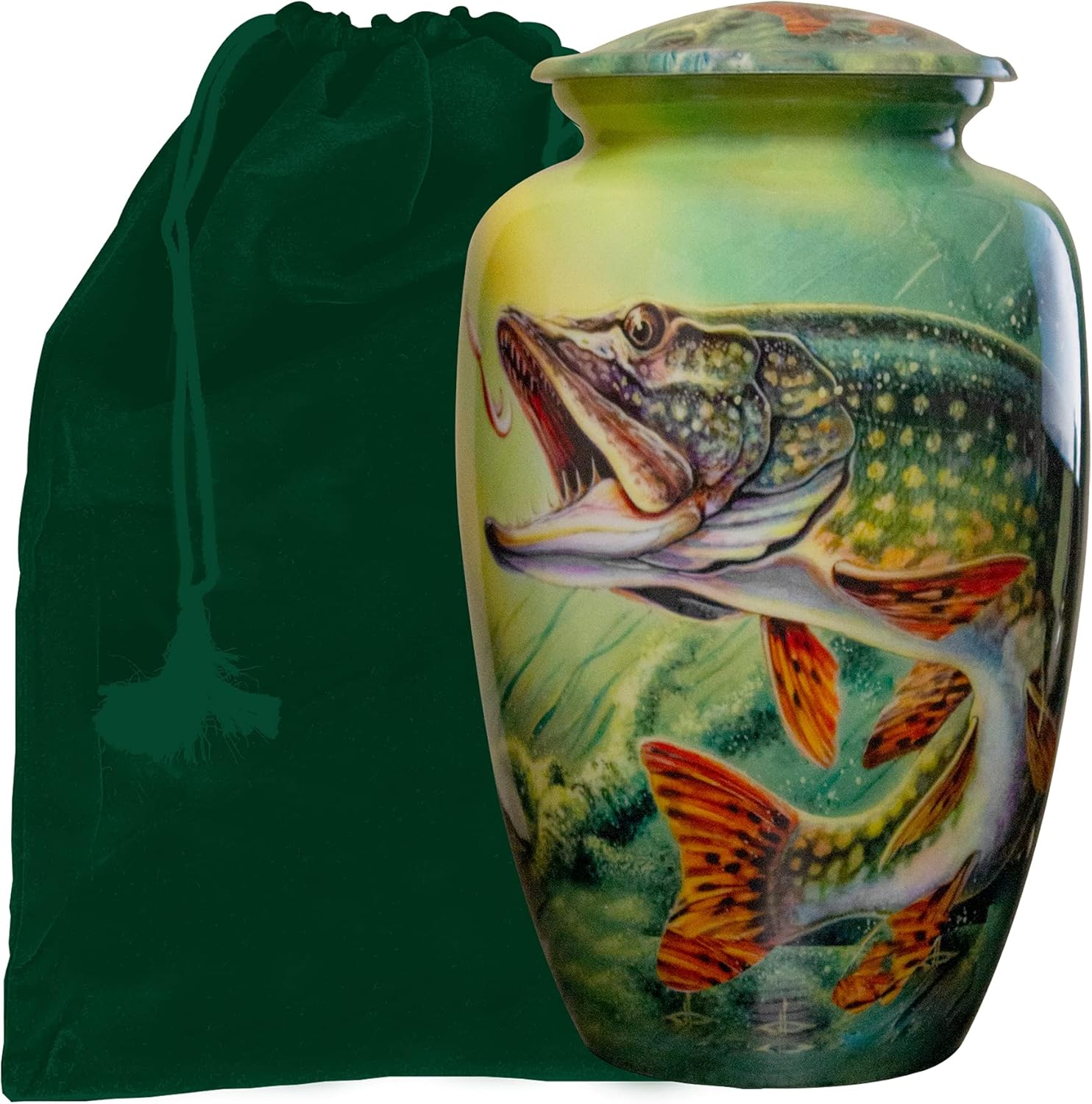 Bass Fishing Urn – Large Personalized Fisherman Cremation Urn with Keepsake & Velvet Bag – Memorial Funeral Urn for Ashes