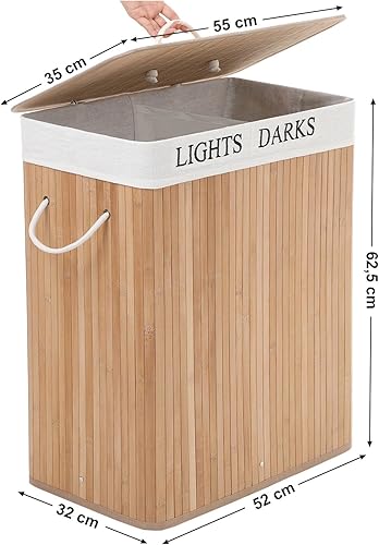 Miniatura 4 de SONGMICS 100L (24.6 x 20.5 x 12.6 in) cesta de lavandería plegable de bambú con 2 compartimentos cesta de lavandería con bolsa de lavandería