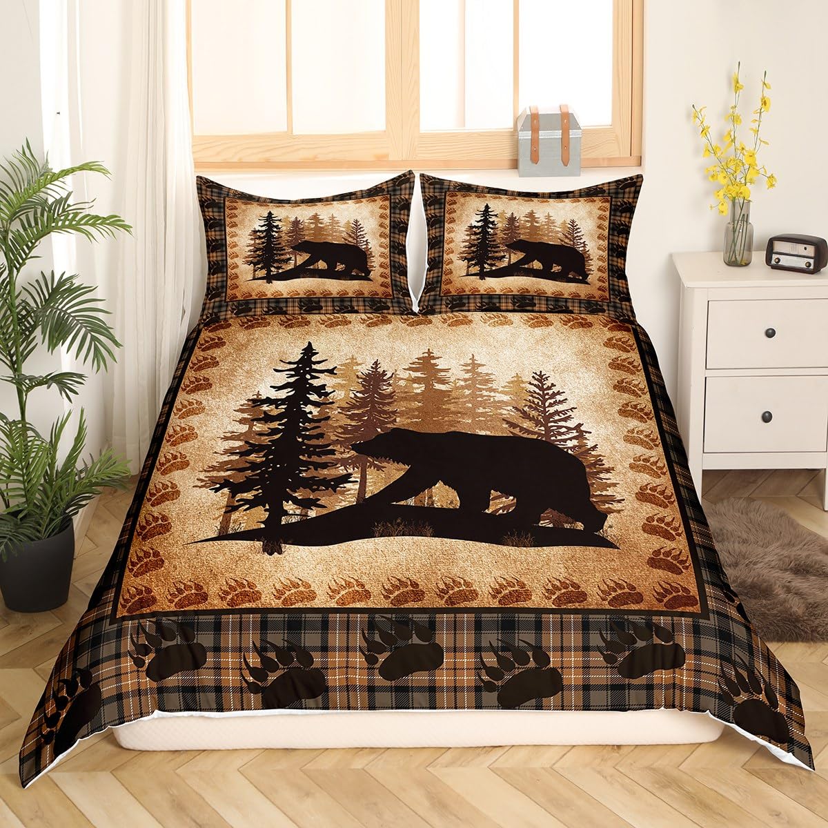 Brown Bear Outline Duvet Cover Set Double Size,Wildlife Theme Bedding Sets 3Pcs for Kids Girls Boys Adult Room Decor,Brown Patchwork Comforter Cover Rustic Bear Paw Print Quilt Cover,2 Pillowcases โ image 1