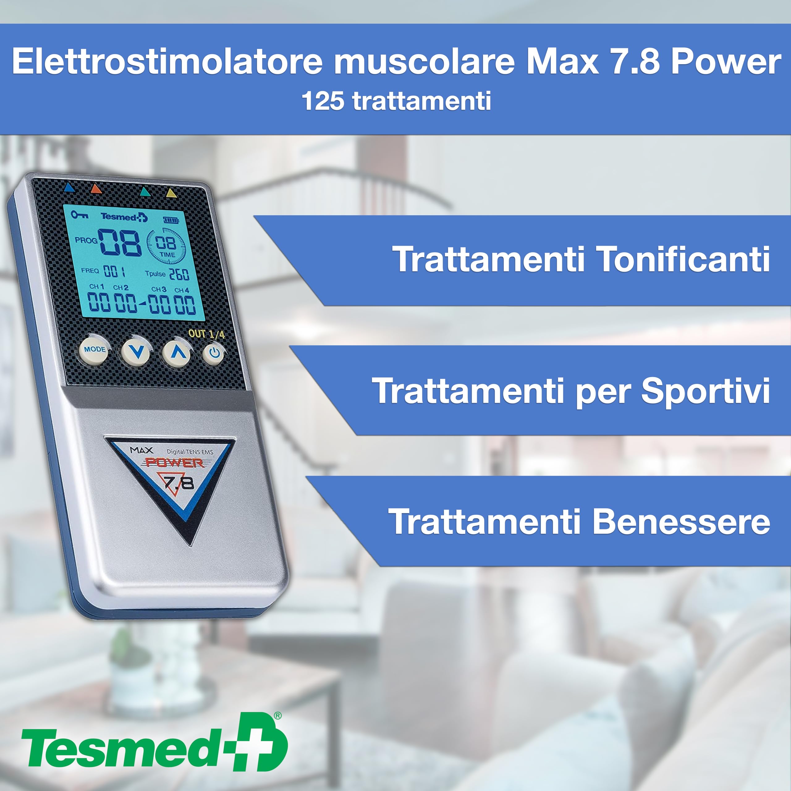 TESMED elettrostimolatore Muscolare Max 7.8 Power con 8 elettrodi- 125 tipologie di trattamenti: Addominali, potenziamento, Aumento Muscolare, estetica, Massaggi Benessere
