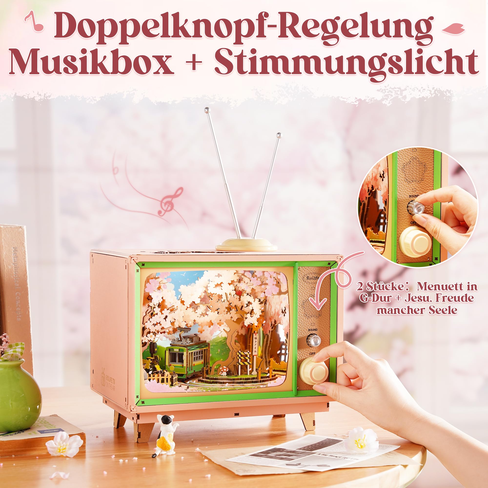 Rolife 3D Puzzle Anime Sakura Tram TV-Deko, 283-teiliges Holzbausatz für Erwachsene – Modellbausatz mit beweglichem Tram & LED, Cherry Blossom Szene, Geschenk für Woodcraft & Home-Deko
