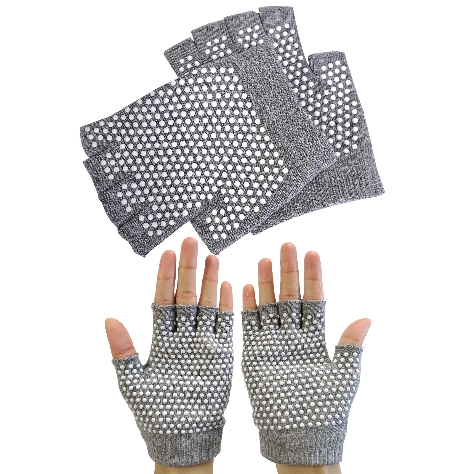 Non Slip Yoga Gloves Pilates Fingerless Exercise Grip Gloves with White Silicone Dots (1 Pair Gloves), UK 3/5
