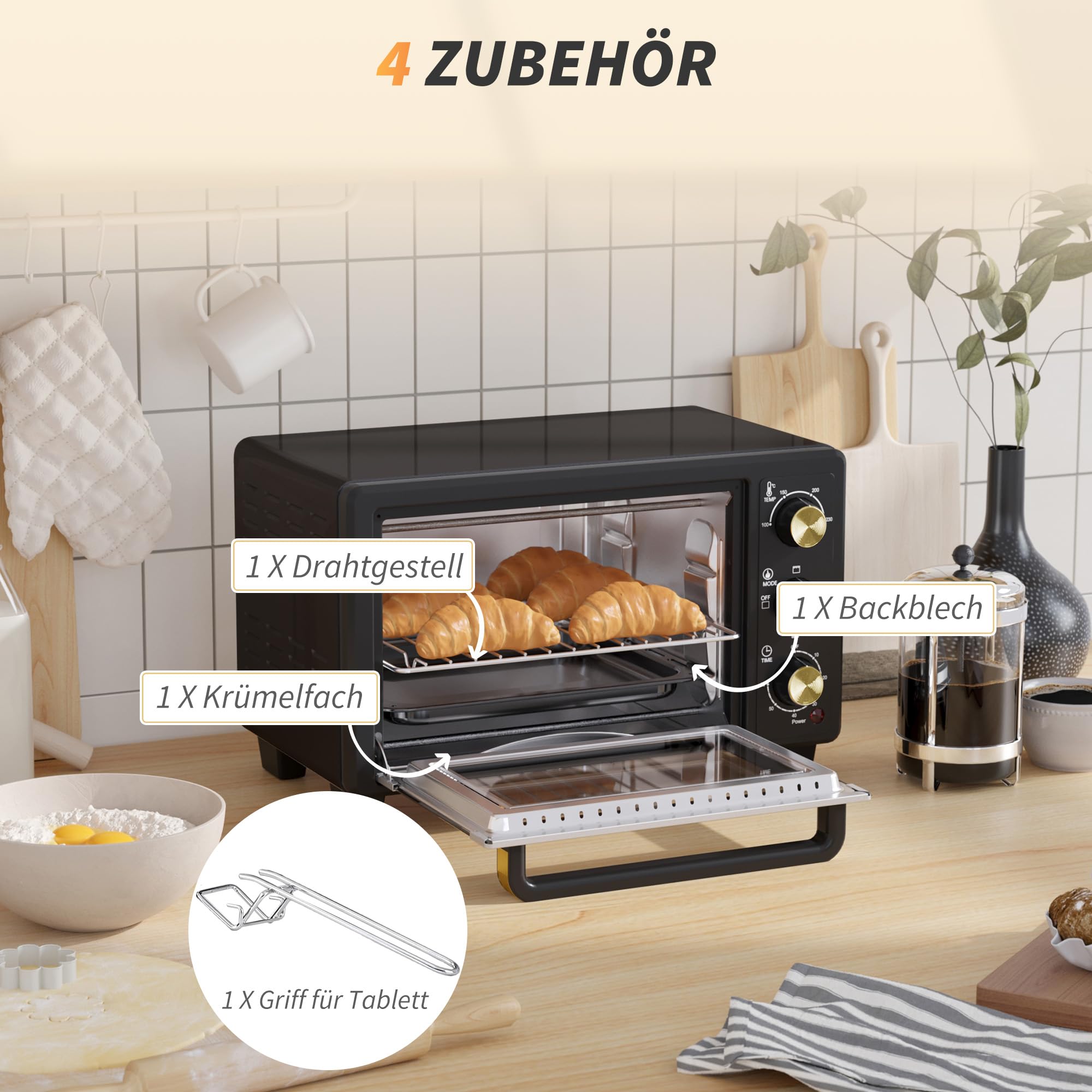 HOMCOM Mini piekarnik 16 l, 1400 W, 100-230℃, timer 60 min, w zestawie blacha do pieczenia i ruszt do grillowania, mini piekarnik z uchwytem tacy, czarny