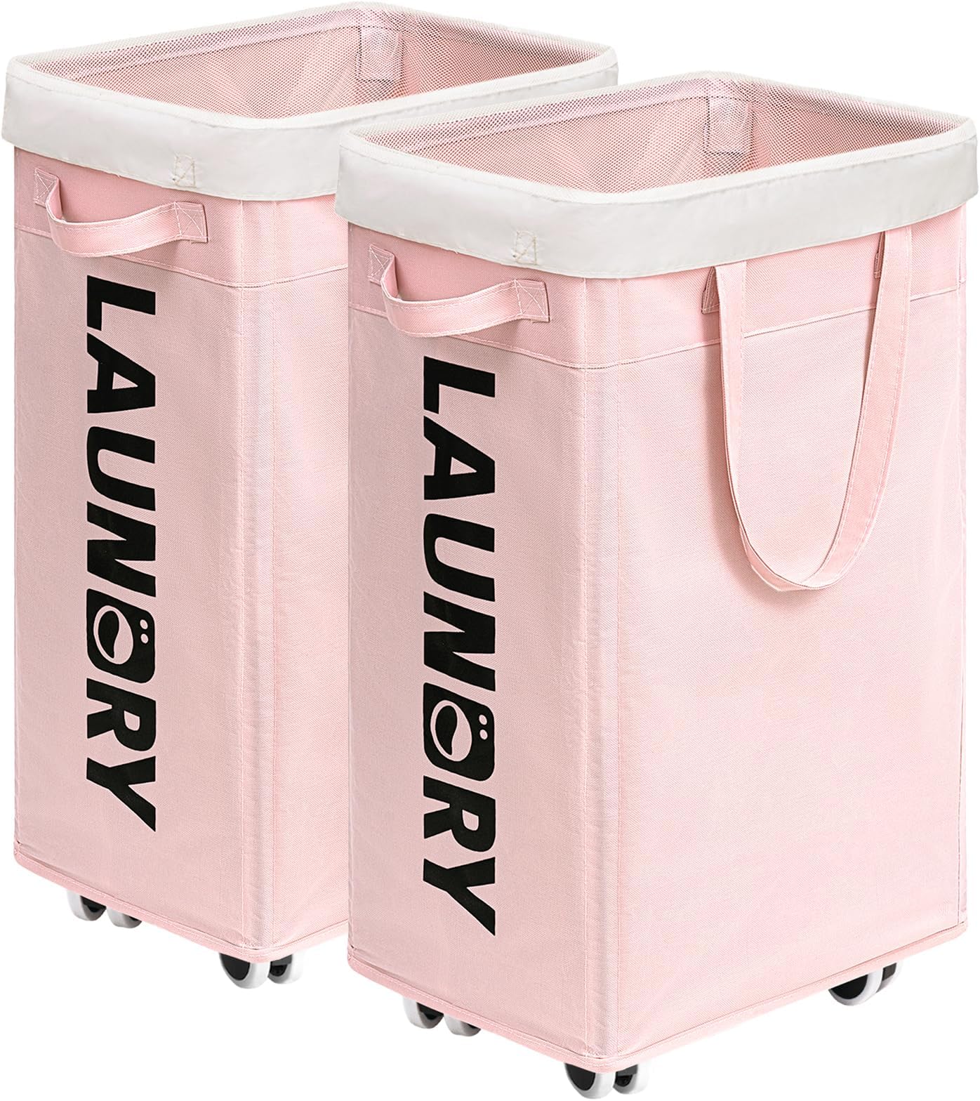 CHICVITA Laundry Hamper with Wheels 2-Pack, 75L Collapsible Laundry Basket with Removable Wash Bags, Pink Laundry Hamper for Corner Dorm, Rolling Laundry Basket on Wheels