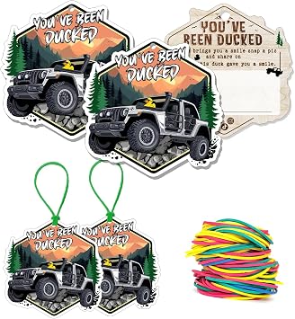 You've Been Ducked Cards, Duck Duck Tags, Ducking Game Cards, Ducked Tags, Rubber Duck for Tag Yellow DCUK and White JP Car Design, with Round Hole and Rubber Bands 50 Pack