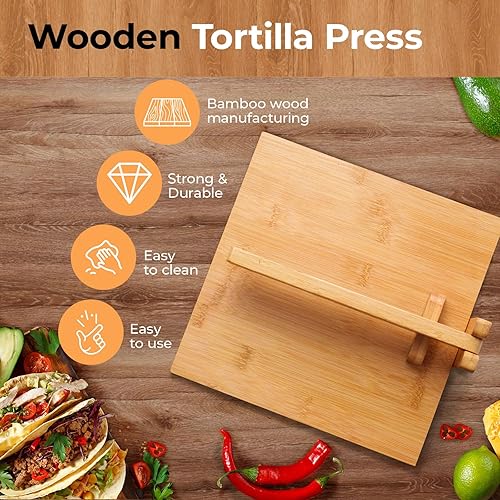 Miniatura 2 de Prensa de tortilla de madera de 10 pulgadas, con rodillo y 50 piezas de papel pergamino, para tortillera mexicana casera, roti, chapati, taco,
