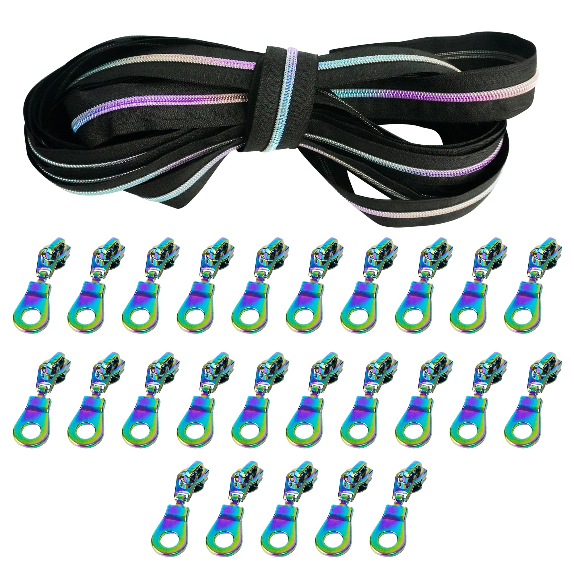 Trimming Shop Lot de 25 rubans de fermeture éclair en nylon arc-en-ciel #5 avec fermeture éclair noire de 10 mètres – Dents arc-en-ciel métalliques pour couture et couture