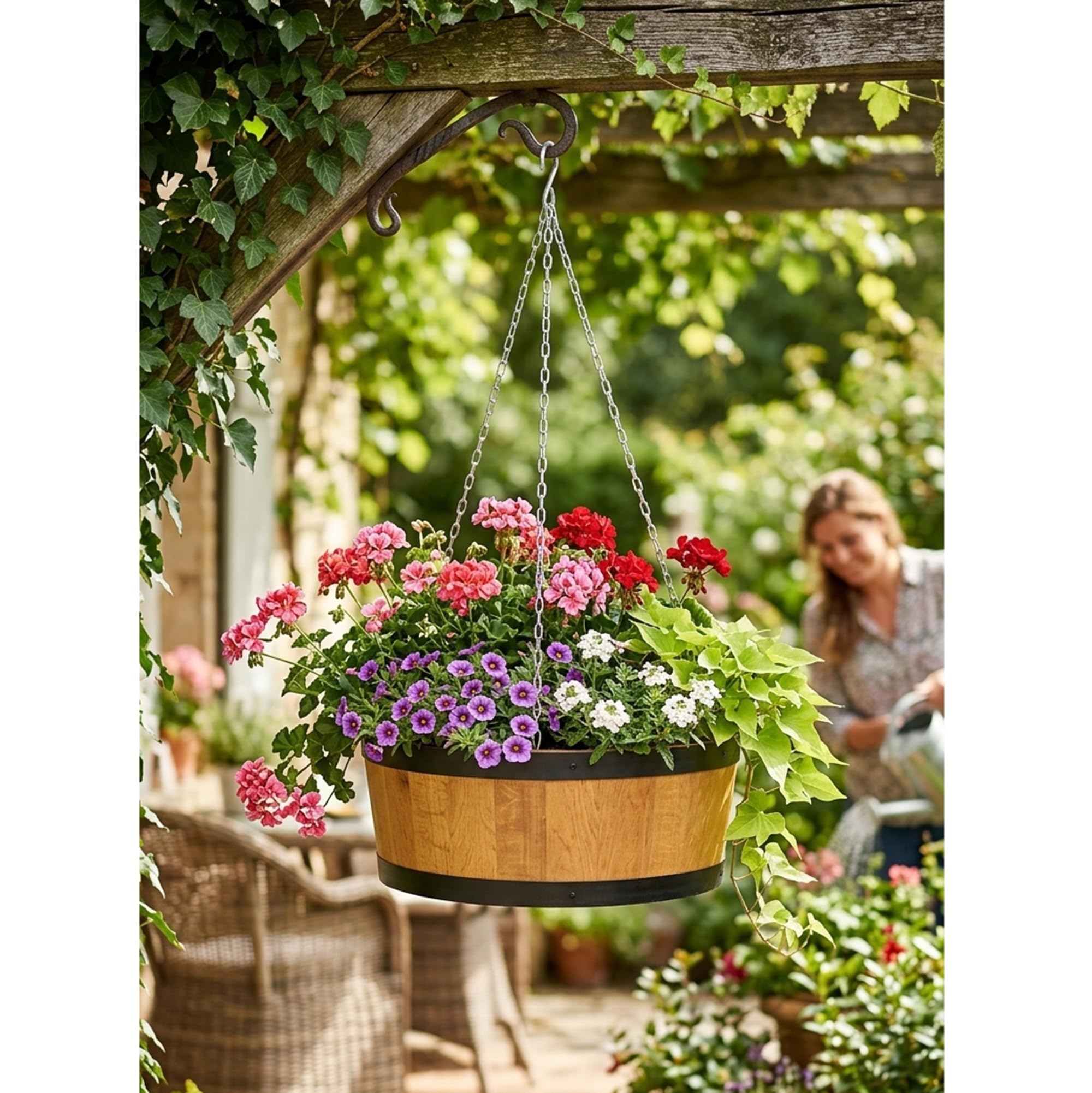 Creative Cooper Wisząca Donica Drewniana Ø 46 cm – Donica w Kształcie Beczki z Litego Drewna Olchowego, Kwietnik Wiszący, Donica Ogrodowa, W Pełni Zmontowana
