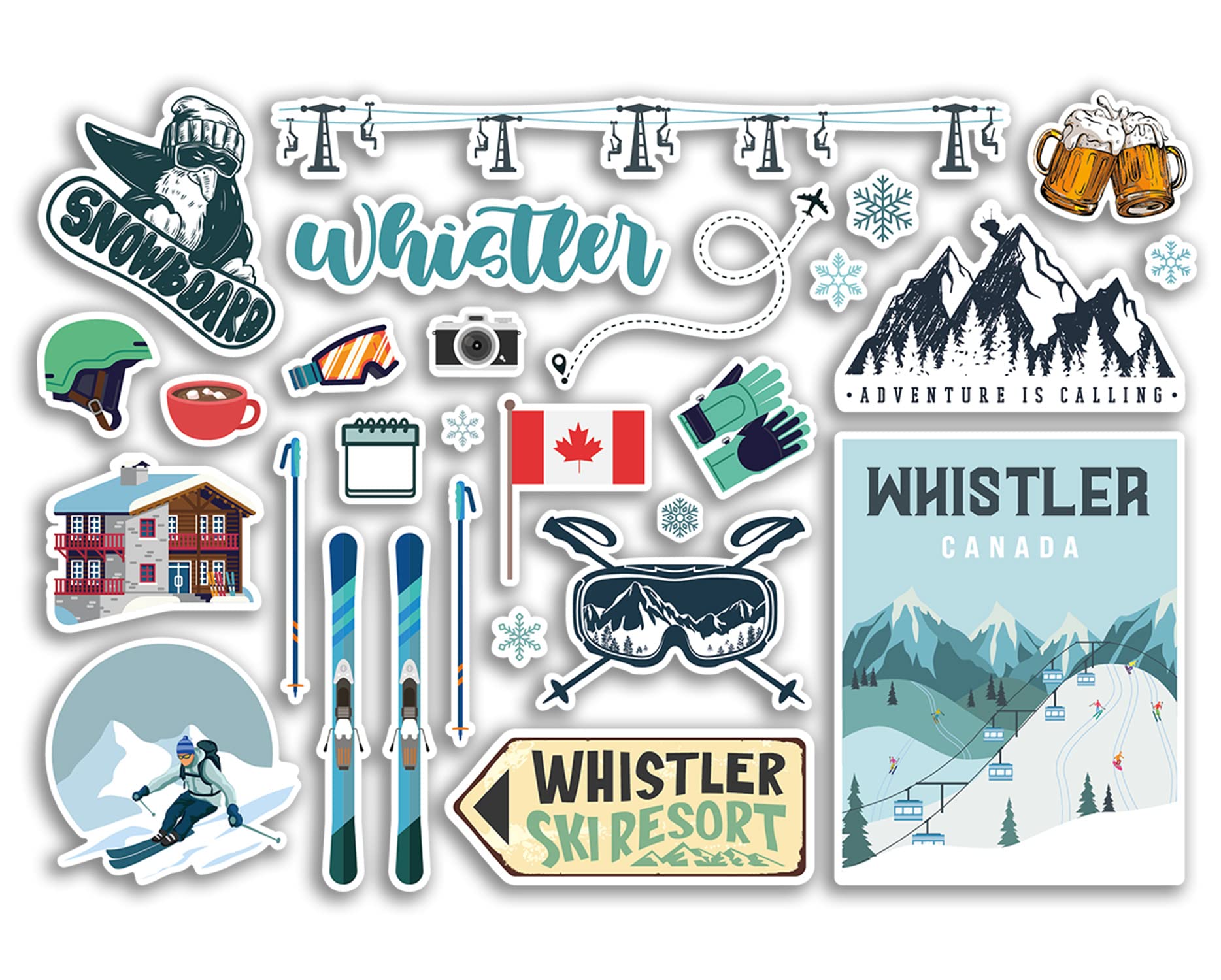 Dv Design Multi A5 Sticker Sheet Whistler Vinyl Stickers - Canada Ski Resort Mountains Snowboard Holiday Flag Travel Snow Sports Luggage Scrapbooking #79039