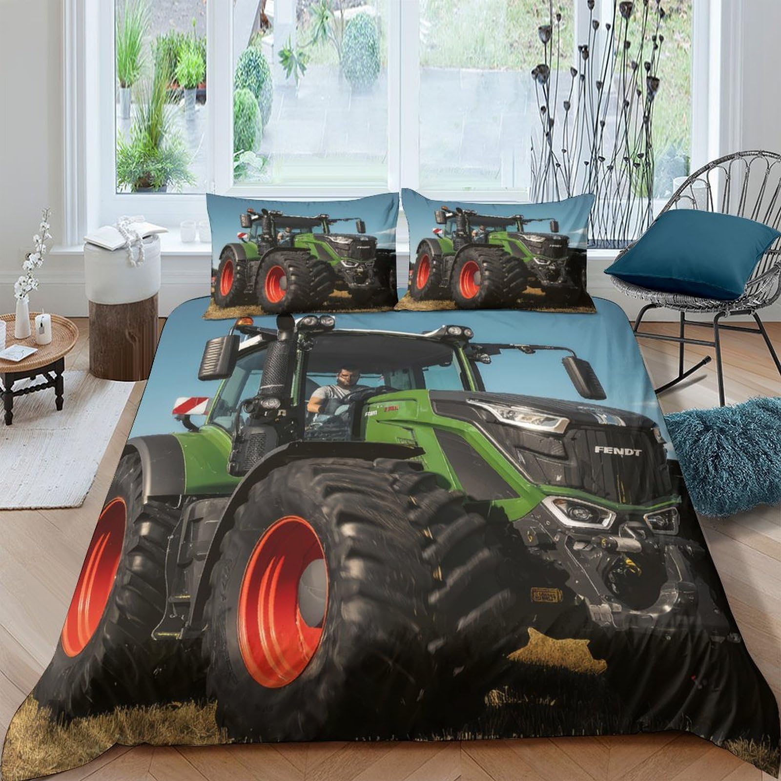 Ctjqhvkz Style-3 3D Printed Green Tractor Fitted Sheet Microfiber Soft Anti-Slip Farm Machinery Bed Cover For Bedroom Decor Single（135X200cm）