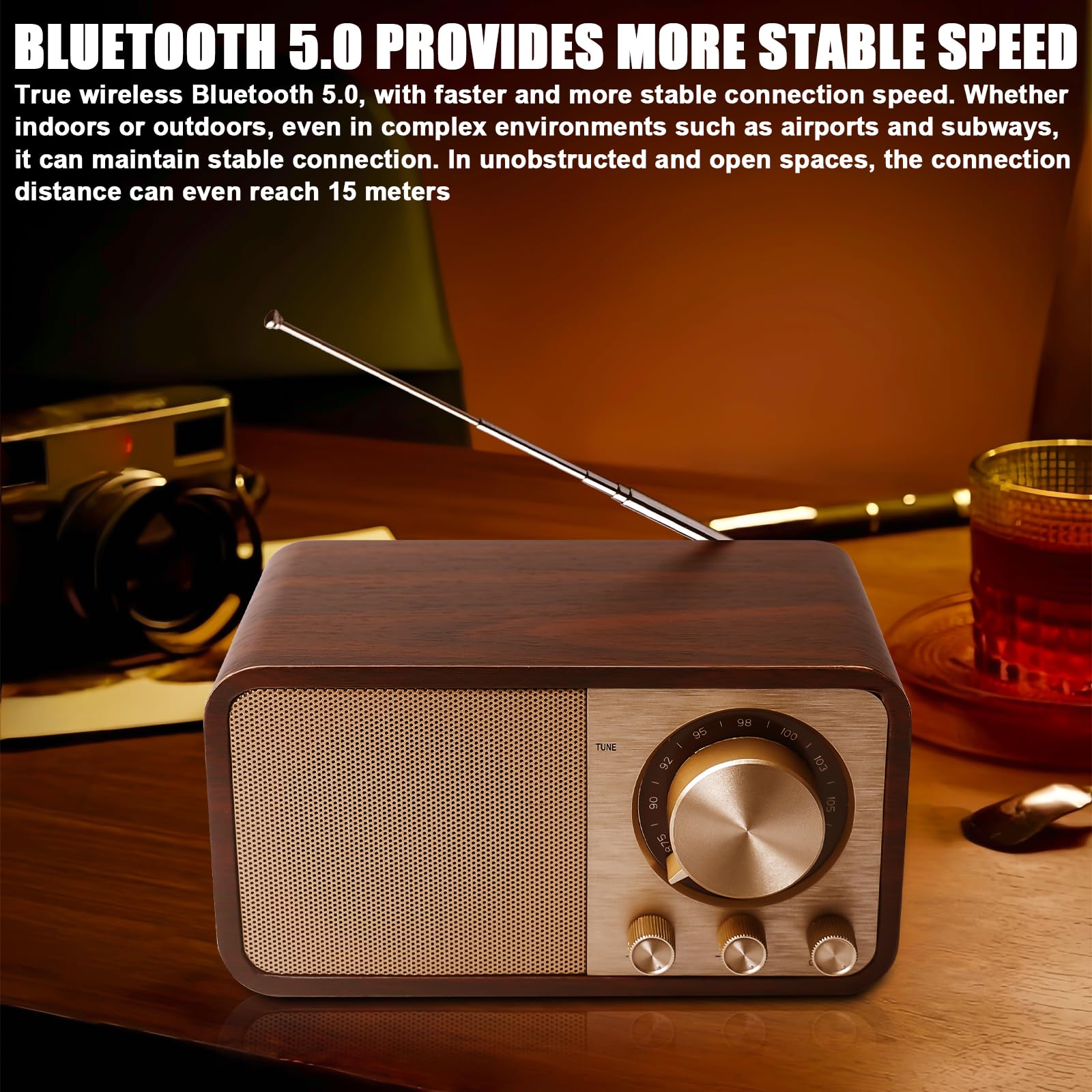 Radio retro con Bluetooth, radio nostálgico recargable con batería de 1500mAh, USB/tarjeta TF/AUX, altavoz de 5W con aspecto de madera vintage para cocina/dormitorio/oficina