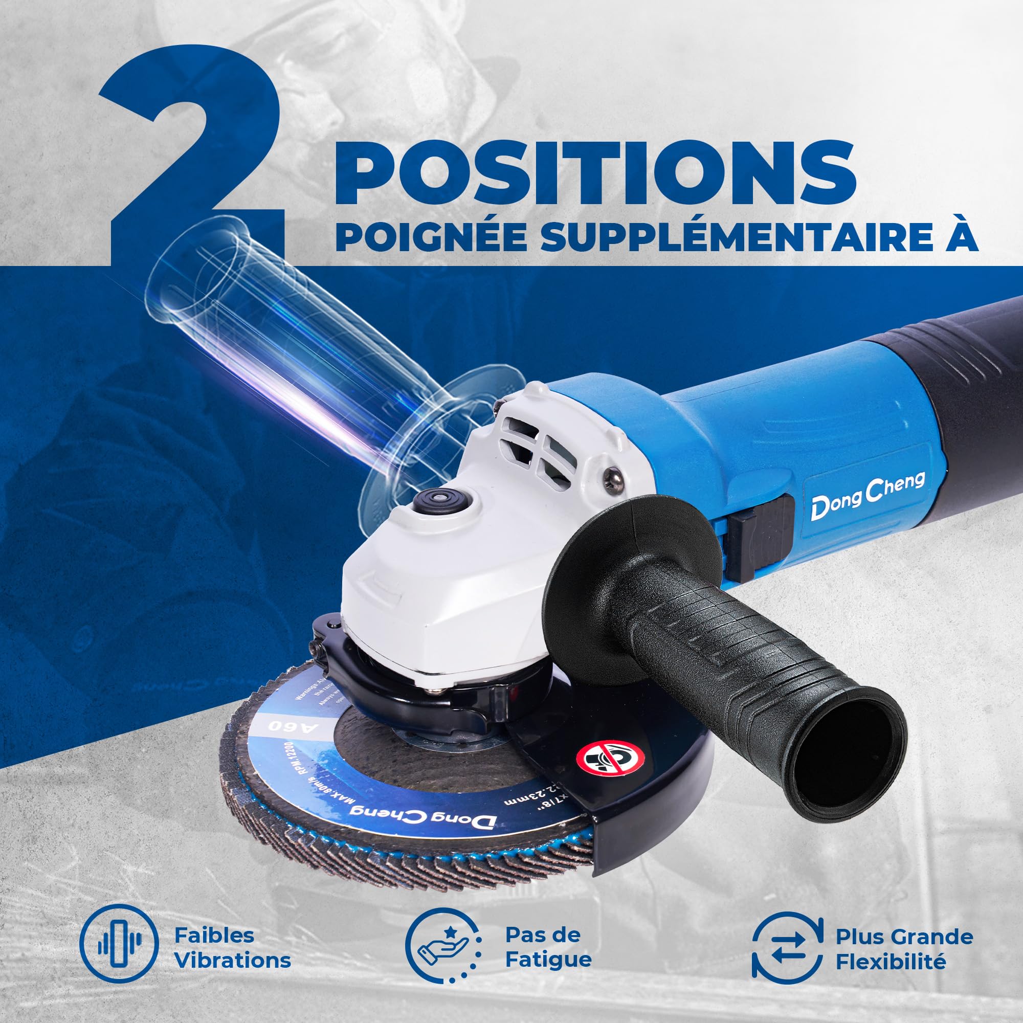DongCheng Meuleuse d'Angle 800W, Ø125mm, 11800 tr/min, Capot Rapide, Poignée Auxiliaire, Inclut 2 Disques à Meuler, 2 à Lamelles et 2 de Coupe pour Polir et Découper