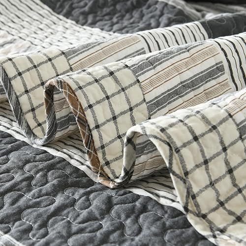 Vista 42 de Finlonte Juego de edredón tamaño King, colcha a rayas marrón, verde, beige, edredón reversible ligero para todas las estaciones, 3 piezas