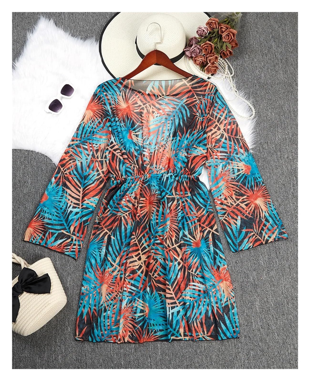 Copricostume da Spiaggia con Stampa di Grandi Dimensioni e Maniche Lunghe, Kimono Intero da Donna, Costume da Bagno da Donna, Abbigliamento da Spiaggia per Vacanze, Piscina(2XL)