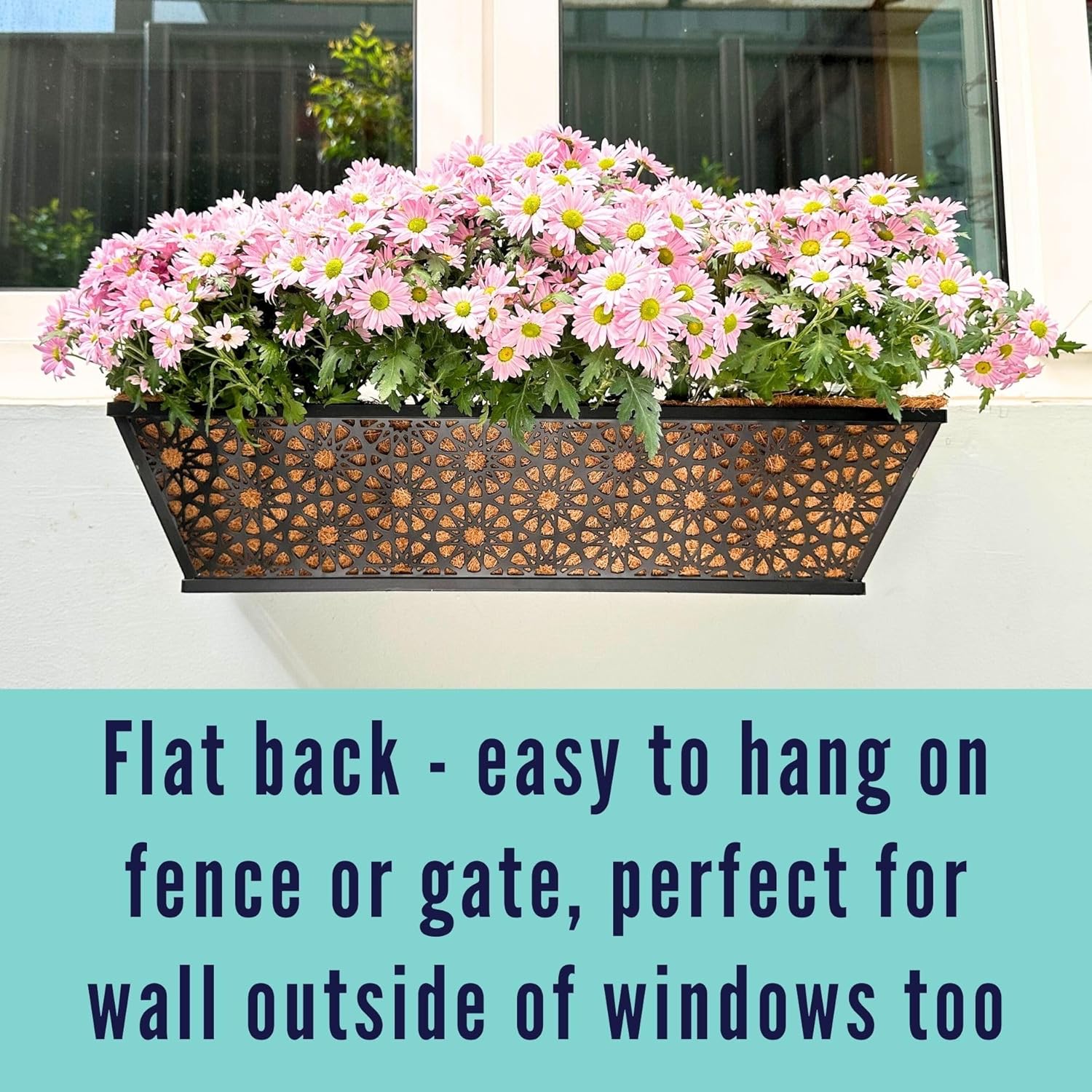 LaLaGreen Window Planter Boxes Outdoor (24 Inch, 4 Pack) Large Fence Hanging Planters Outdoor Plants, Metal Deck Railing Flower Box with Coco Liner, Modern Horse Troughs Balcony Pots Patio Porch Rail