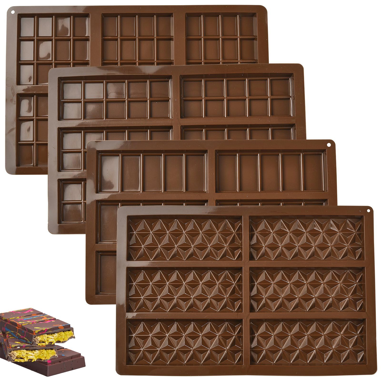 UR URLIFEHALL 4 pcs 4 Styles Chocolate Silicone Molds Coconut Brown Non-Stick Rectangle Candy Molds for Making Chocolate Jelly Candies Truffles Ice Cube
