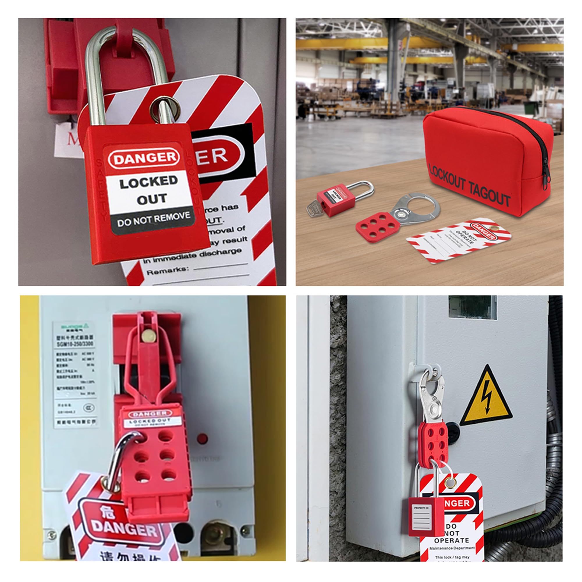 Kit de etiquetado de bloqueo eléctrico de seguridad para grupo Loto con 2 llaves diferentes, 8 etiquetas de etiquetado, 1 hebilla de nailon, 1 bolsa de bolsillo