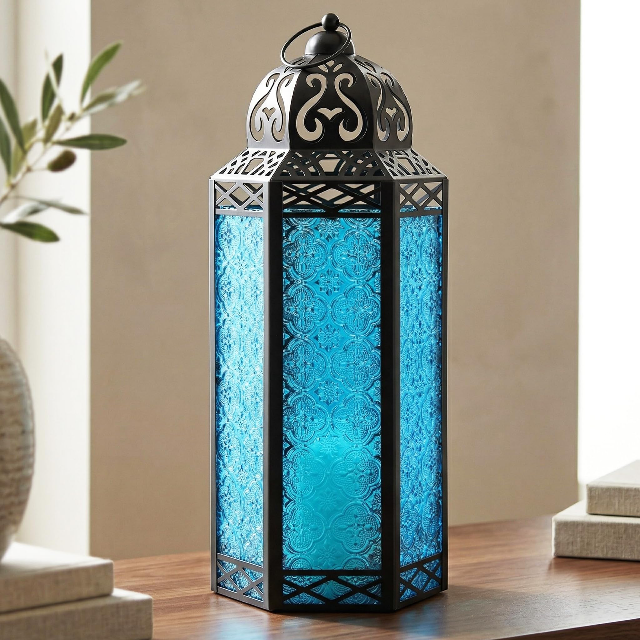 Vela Lanterns Blue Black Metal Decorative Moroccan Lantern Candle Holder Lamp For Indoor Or Outdoor Home Decor, Extra Large,