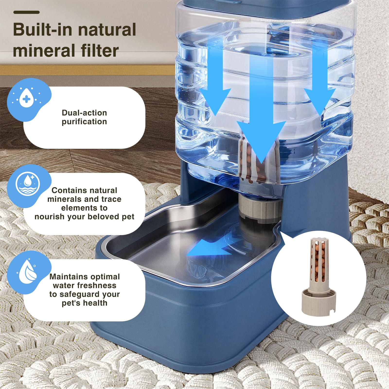 Confezione da 2 mangiatoie automatiche per gatti e distributori d'acqua da 1,3 galloni per cani a gravità e acqua con impacco di ghiaccio, in acciaio inox, ciotola per cibo secco e abbeveratoio per