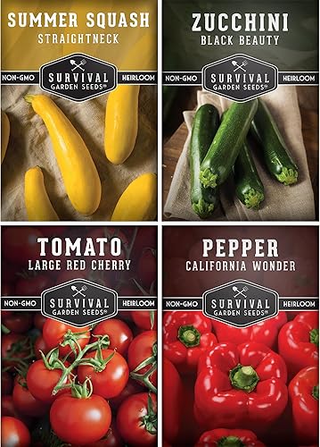 Survival Garden Seeds Kabob Skewer Vegetables Collection - Tomate cereza rojo grande, calabacín negro de belleza, calabaza de verano de cuello recto