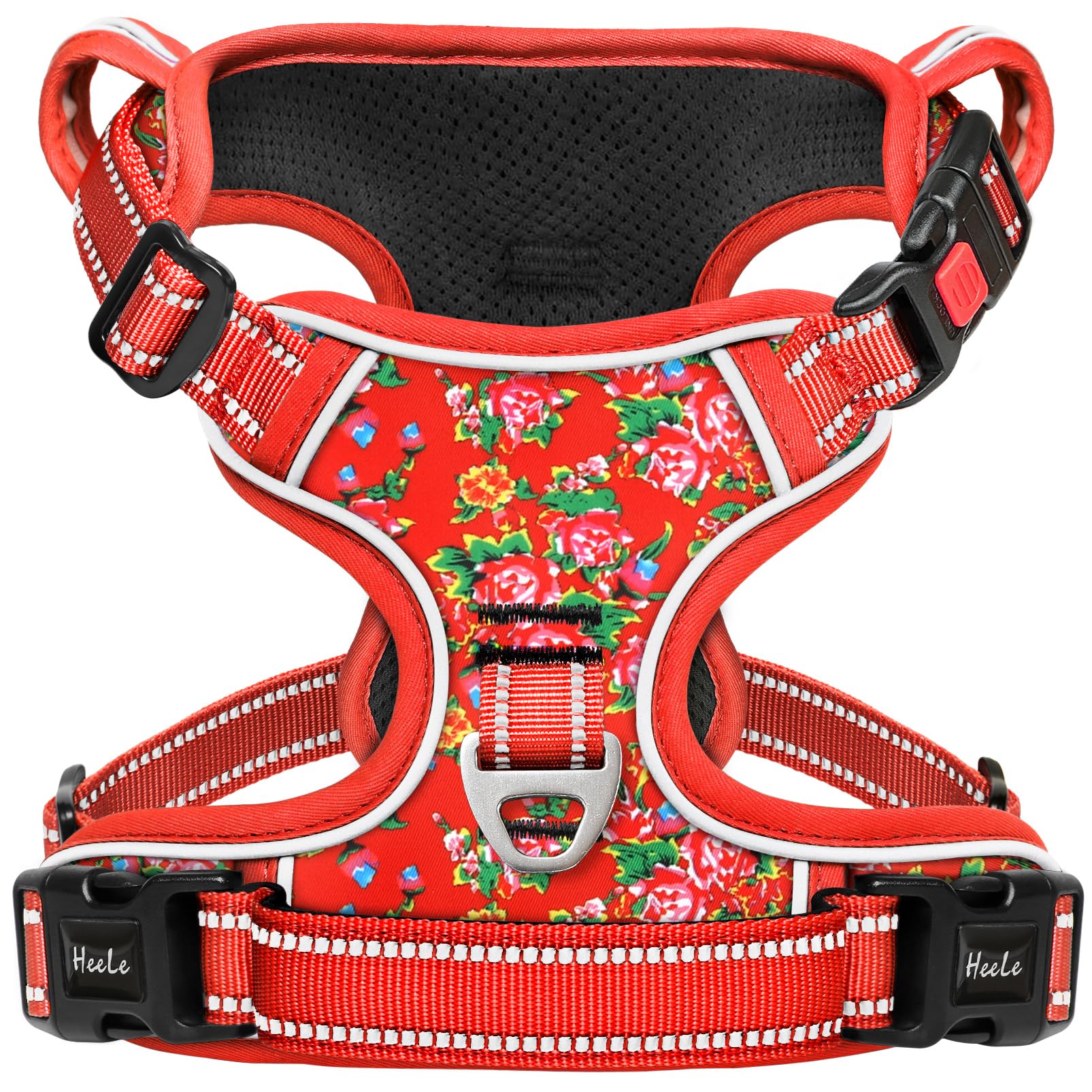 HEELE Pettorina Cane, Imbracatura Sganciata Rapido dal Collo, Pettorina Anti-tiro Riflettente e Regolabile con Maniglia Comoda, Morbida e Imbottita per Cani, Floral-Rosso-Serratura S
