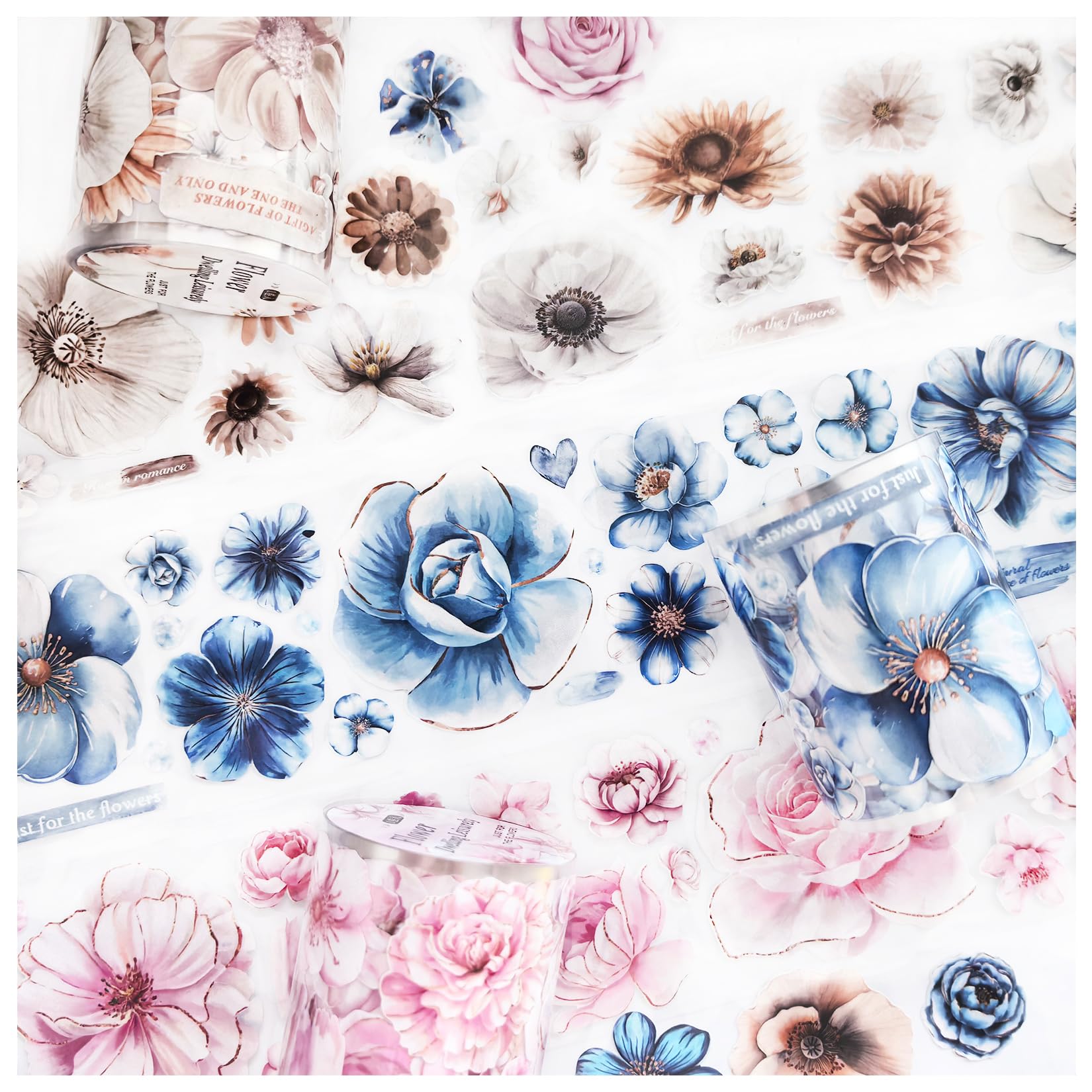 Ta Merry Scrapbook Zubehör Blumen Stickers 3 Rolls PET Washi Tape Aufkleber Dekoration für Bullet Journal,Alben,Notizblöcke Dekorationen,journaling Zubehör (Blumen 1)