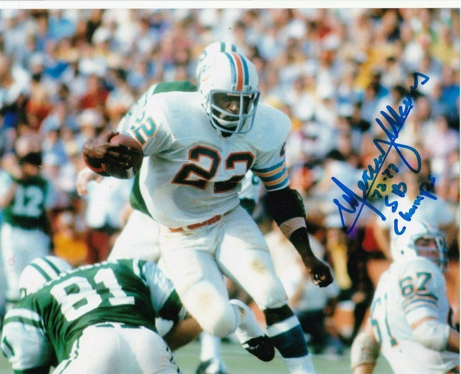 MERCURY MORRIS MIAMI DOLPHINS 72,73, SB CHAMPS ACTION SIGNED 8x10 - Autographed NFL Photos at