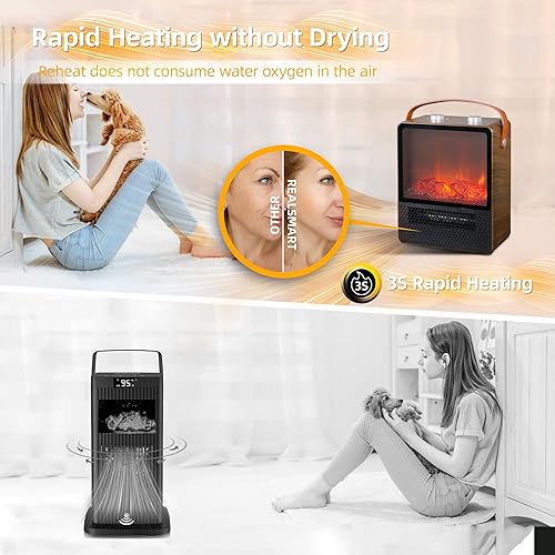 Miniatura 7 de RealSmart Pequeña chimenea eléctrica de 1500 W, calentador portátil para uso en interiores, 4 modos ajustables, mini chimenea de cerámica 3D,