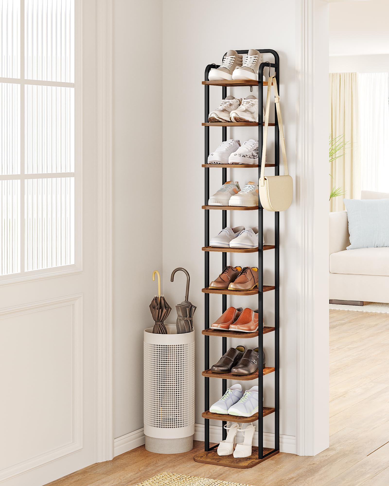 Hzuaneri Étagère à Chaussures Verticale à 10 Niveaux, Tour à Chaussures pour Petits espaces, autoportante, réglable, Gain de Place, Marron Rustique et Noir SR11201B