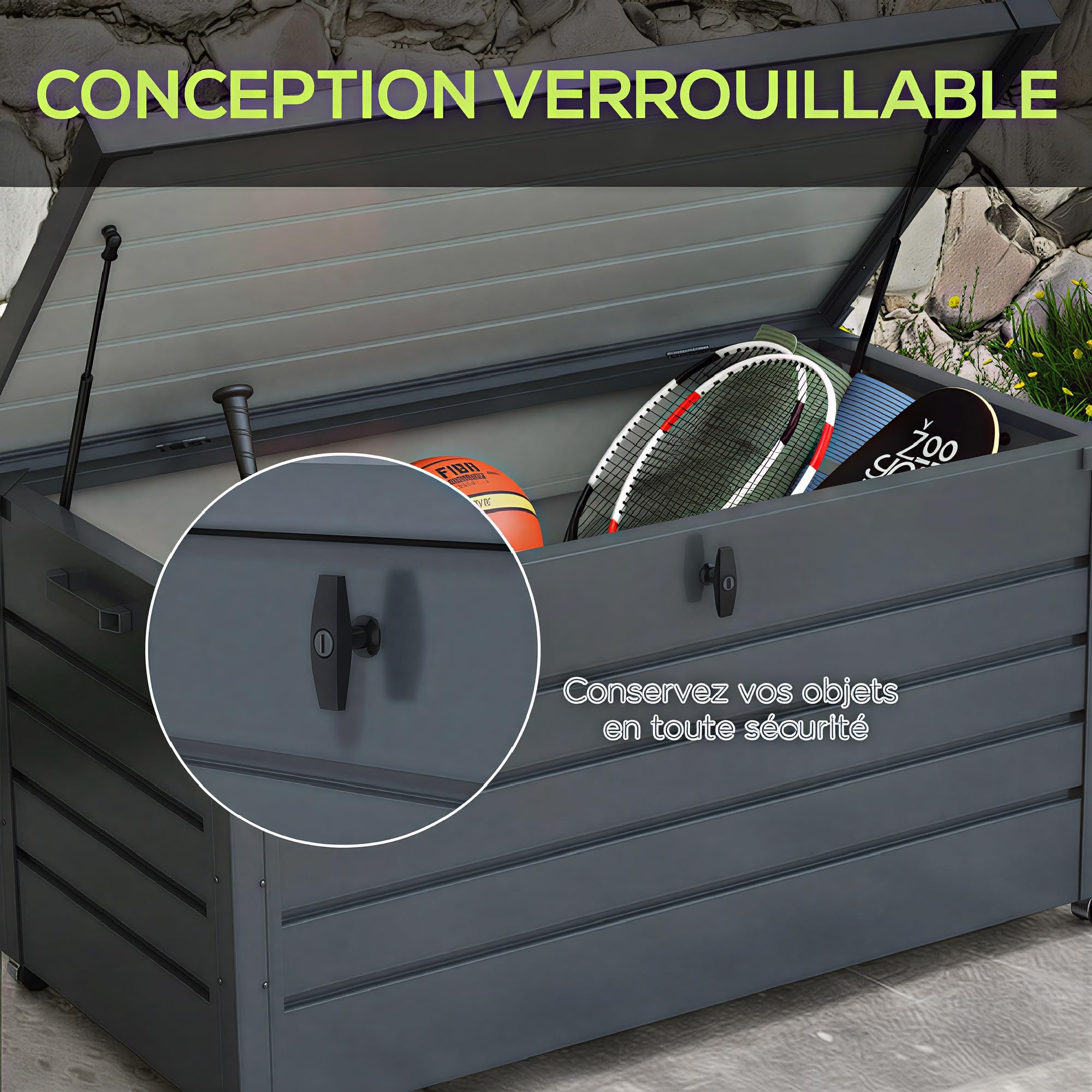 Outsunny Coffre de rangement extérieur 311L acier galvanisé roulettes vérin gaz poignée jardin 120x62x66 cm gris