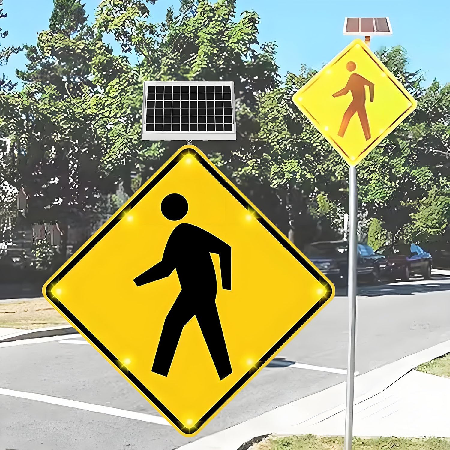 Señal de Cruce peatonal Solar con luz LED Intermitente de 24", señales de Advertencia de tráfico peatonal de Aluminio, Marco de Metal Resistente a Prueba de óxido