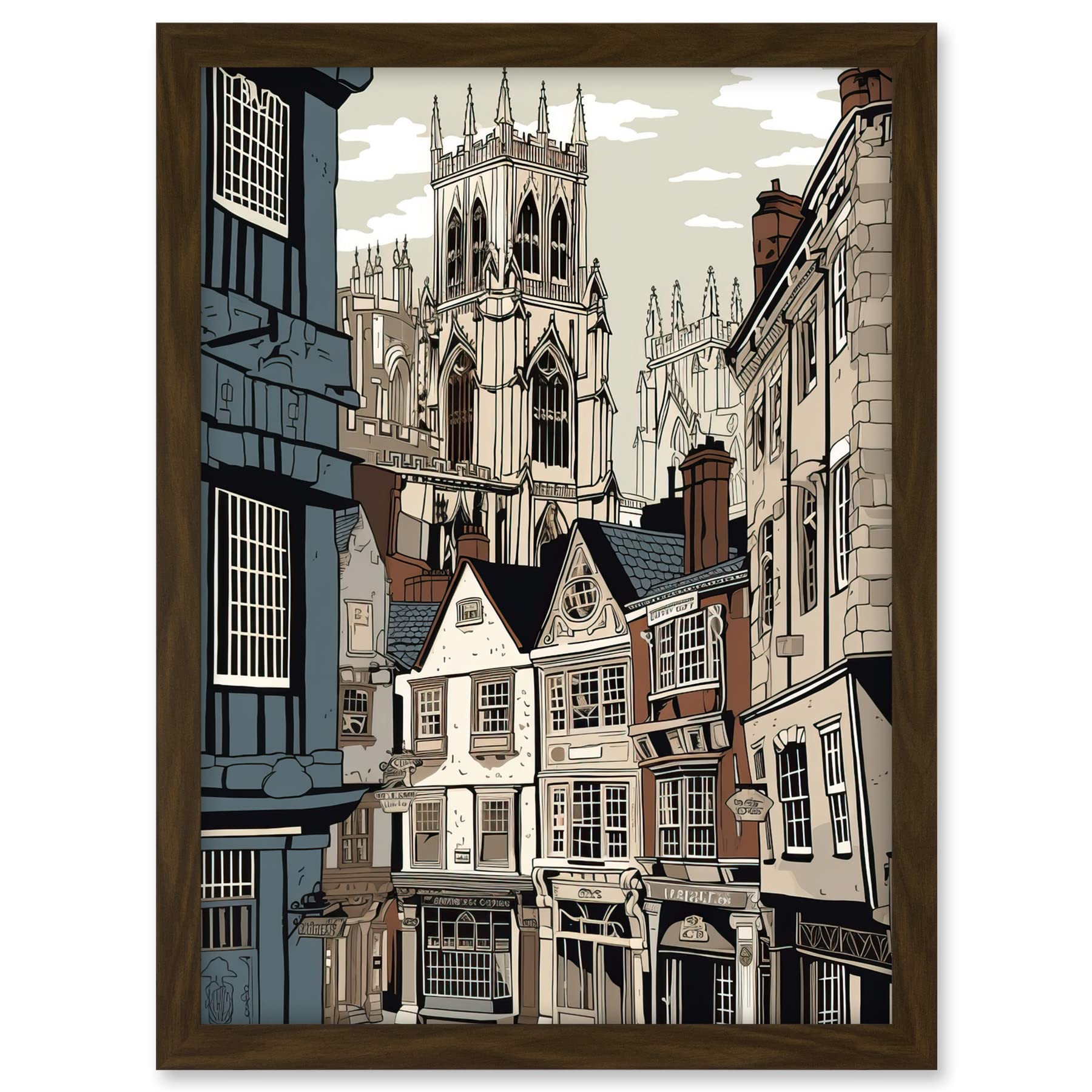 Artery8 Shambles Street Cityscape with York Minster Towers Artwork Framed A3 Wall Art Print