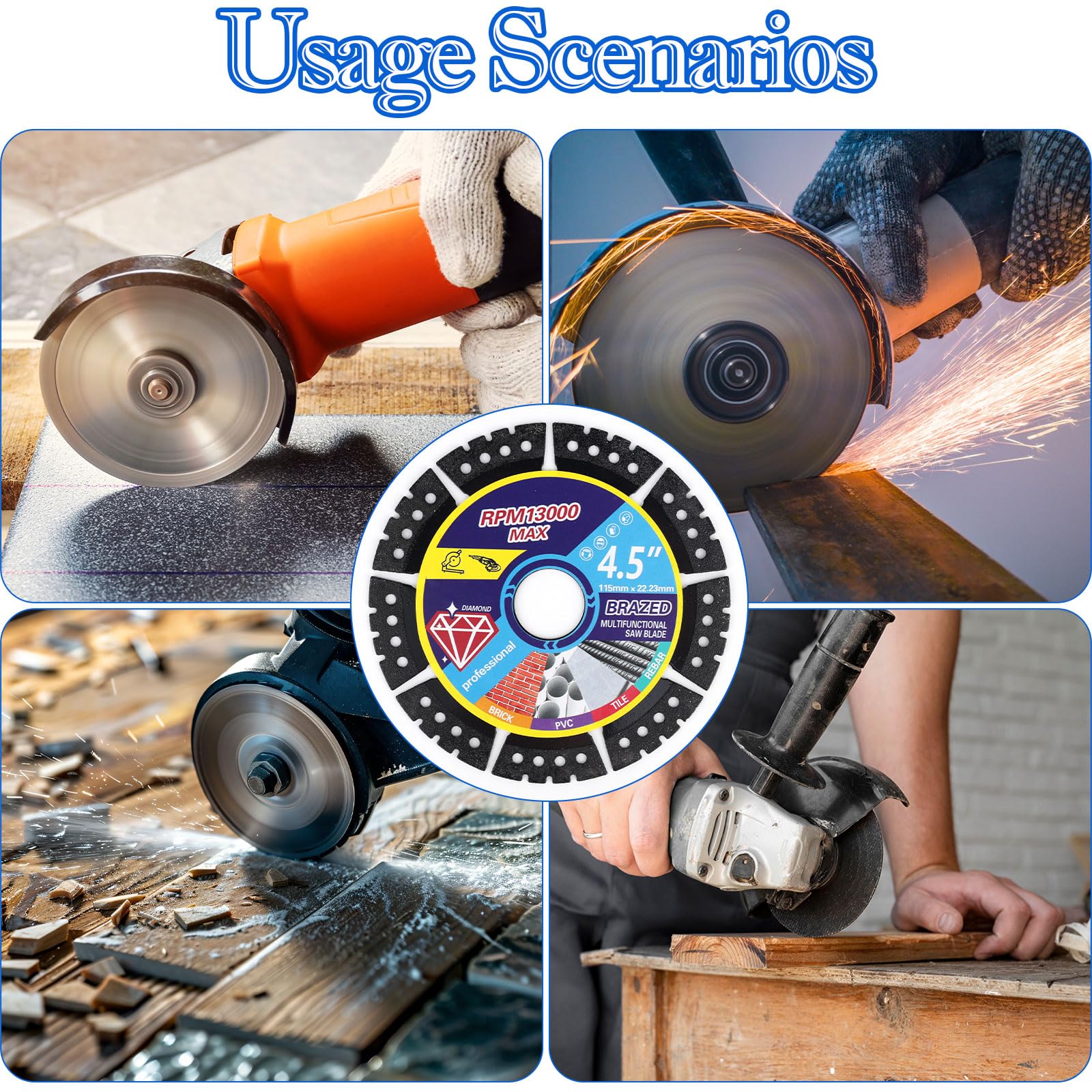 5uds Hojas Sierra Diamante 115mm para Amoladora, Disco Corte Diamante Multiuso para Baldosa Cerámica Vidrio Piedra Metal & Plástico Corte Húmedo o Seco con 5 Anillos Adaptadores